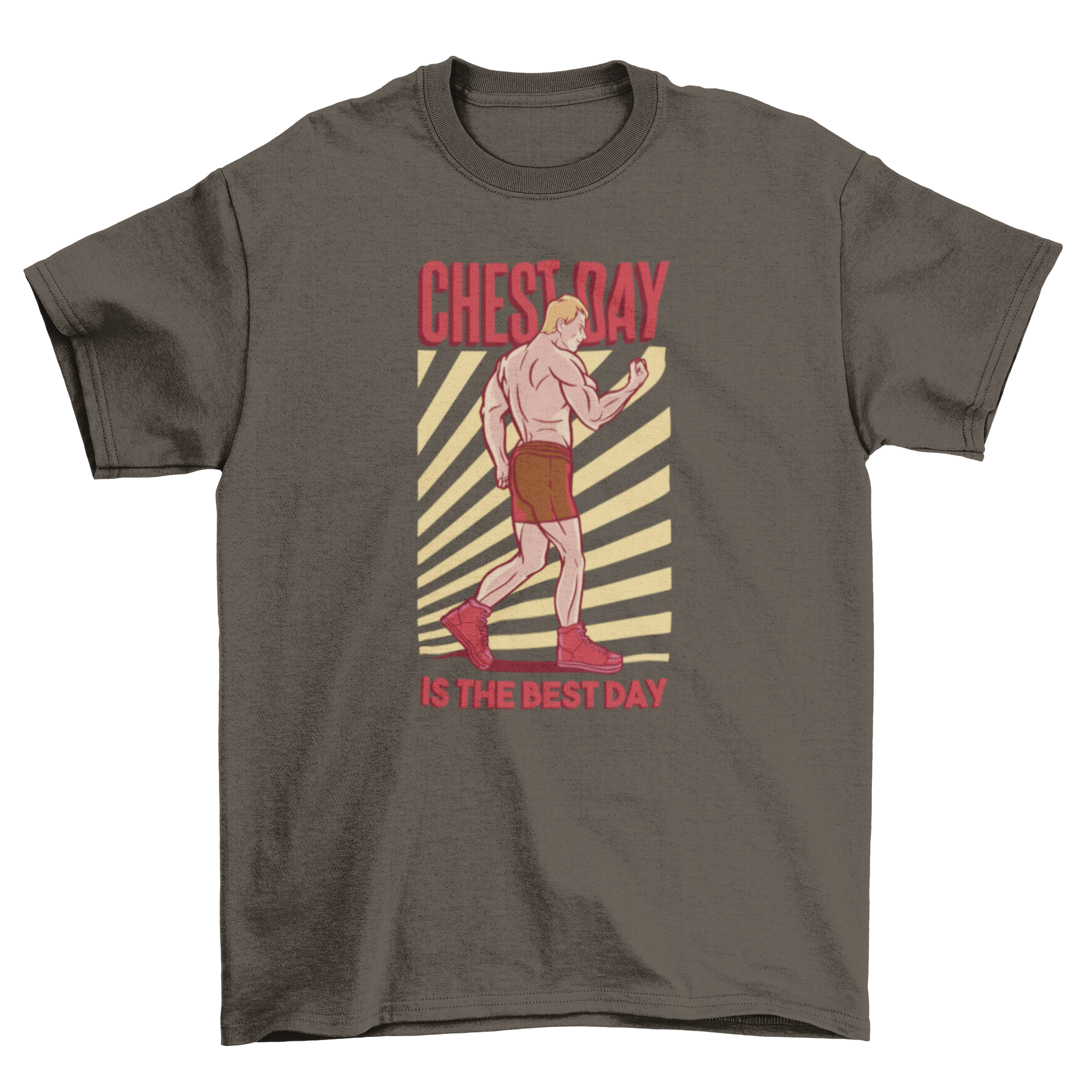 A stylish t-shirt featuring a muscular man lifting weights with the quote 'Chest day is the best day' printed on it.