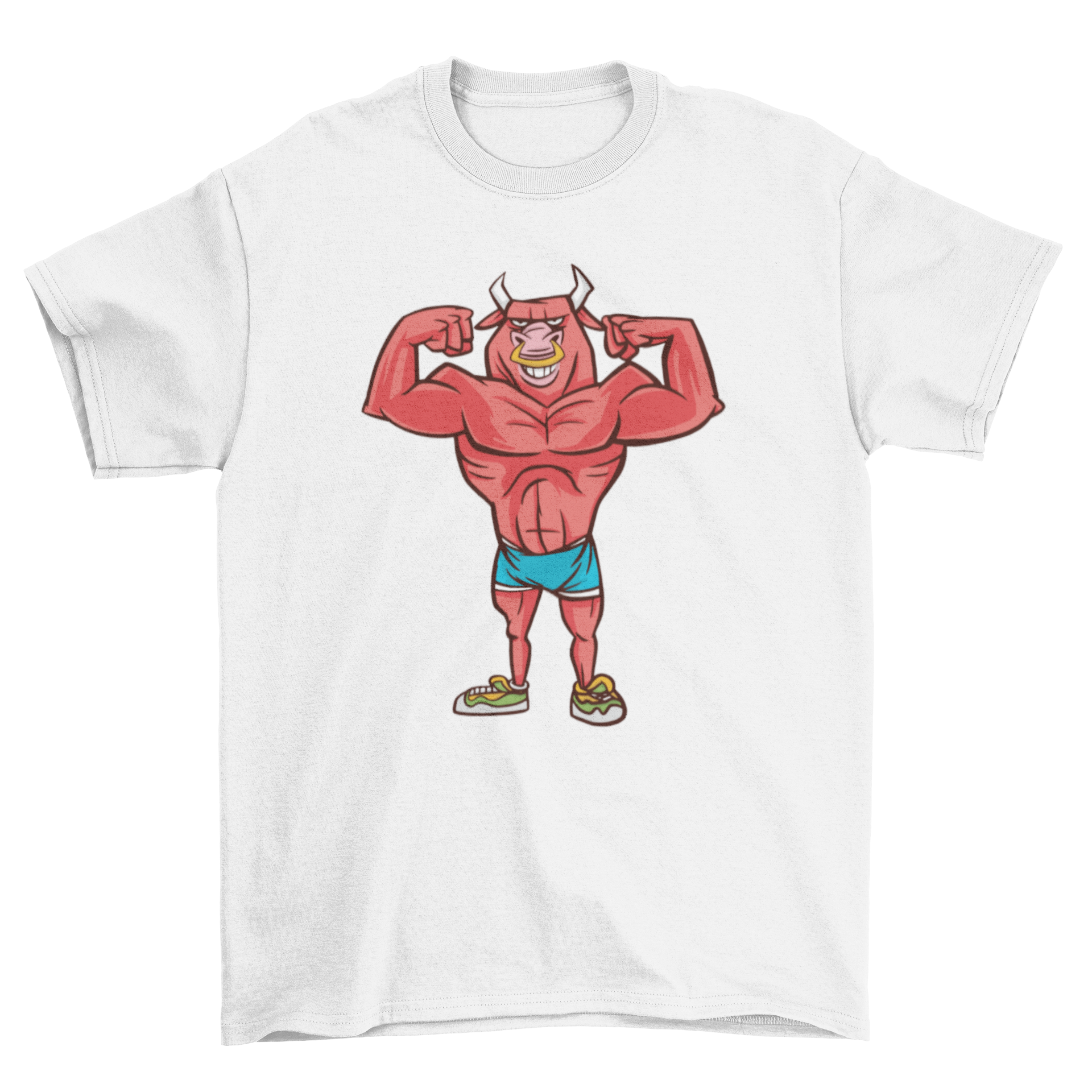 A humorous t-shirt featuring a bodybuilding bull flexing its muscles in a double biceps pose, perfect for fitness enthusiasts.