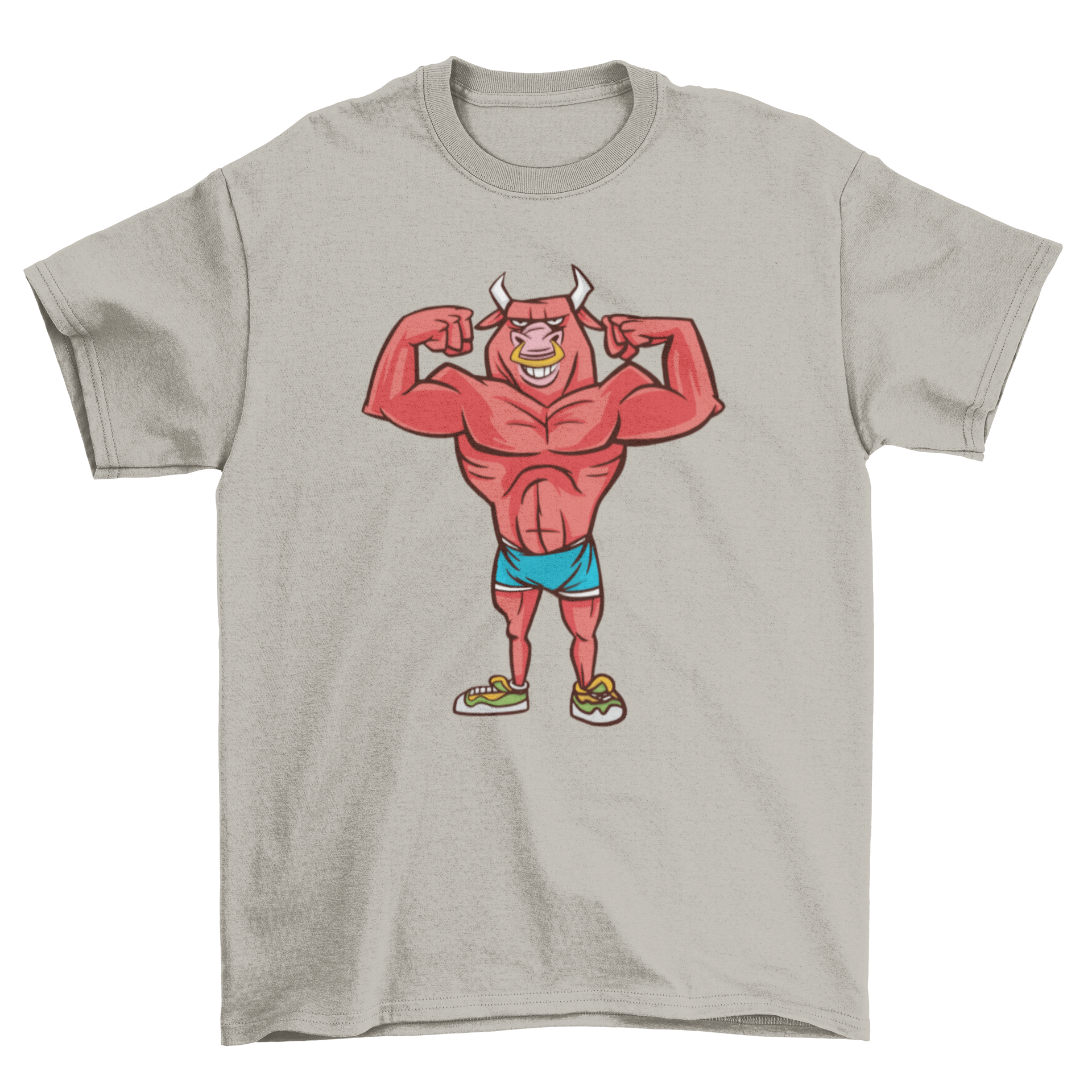 A humorous t-shirt featuring a bodybuilding bull flexing its muscles in a double biceps pose, perfect for fitness enthusiasts.