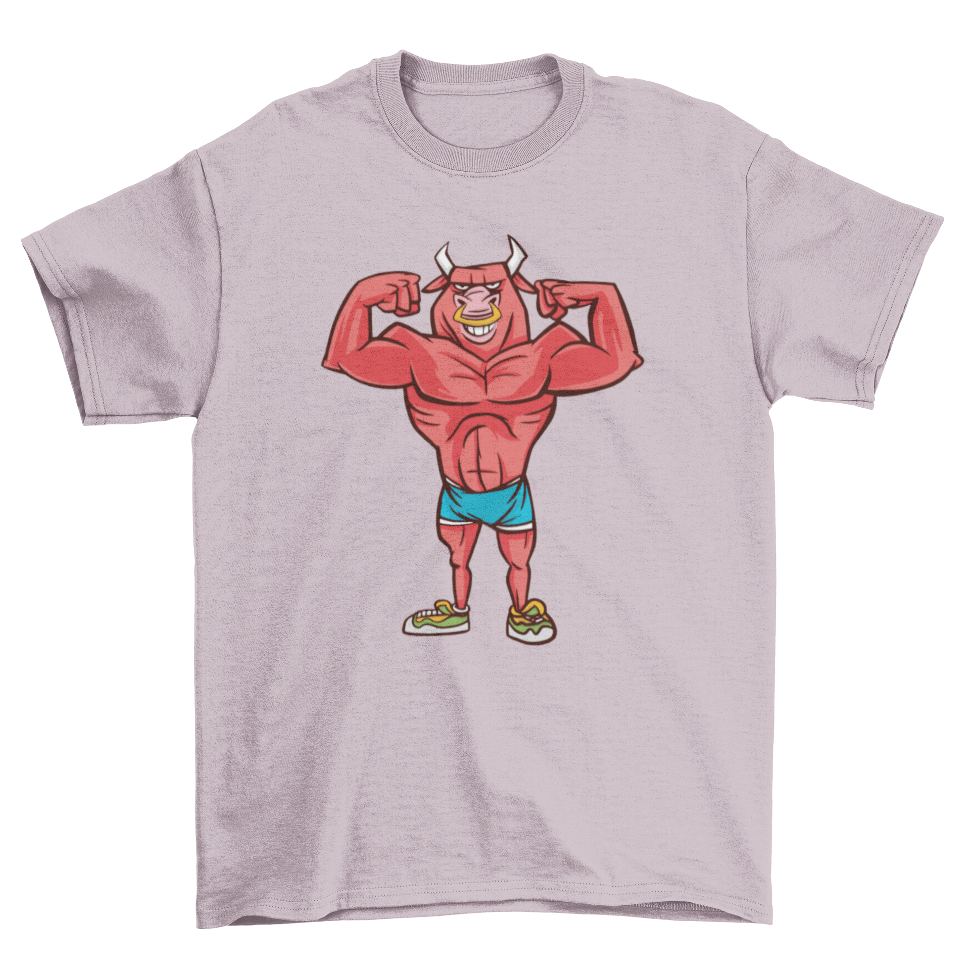 A humorous t-shirt featuring a bodybuilding bull flexing its muscles in a double biceps pose, perfect for fitness enthusiasts.