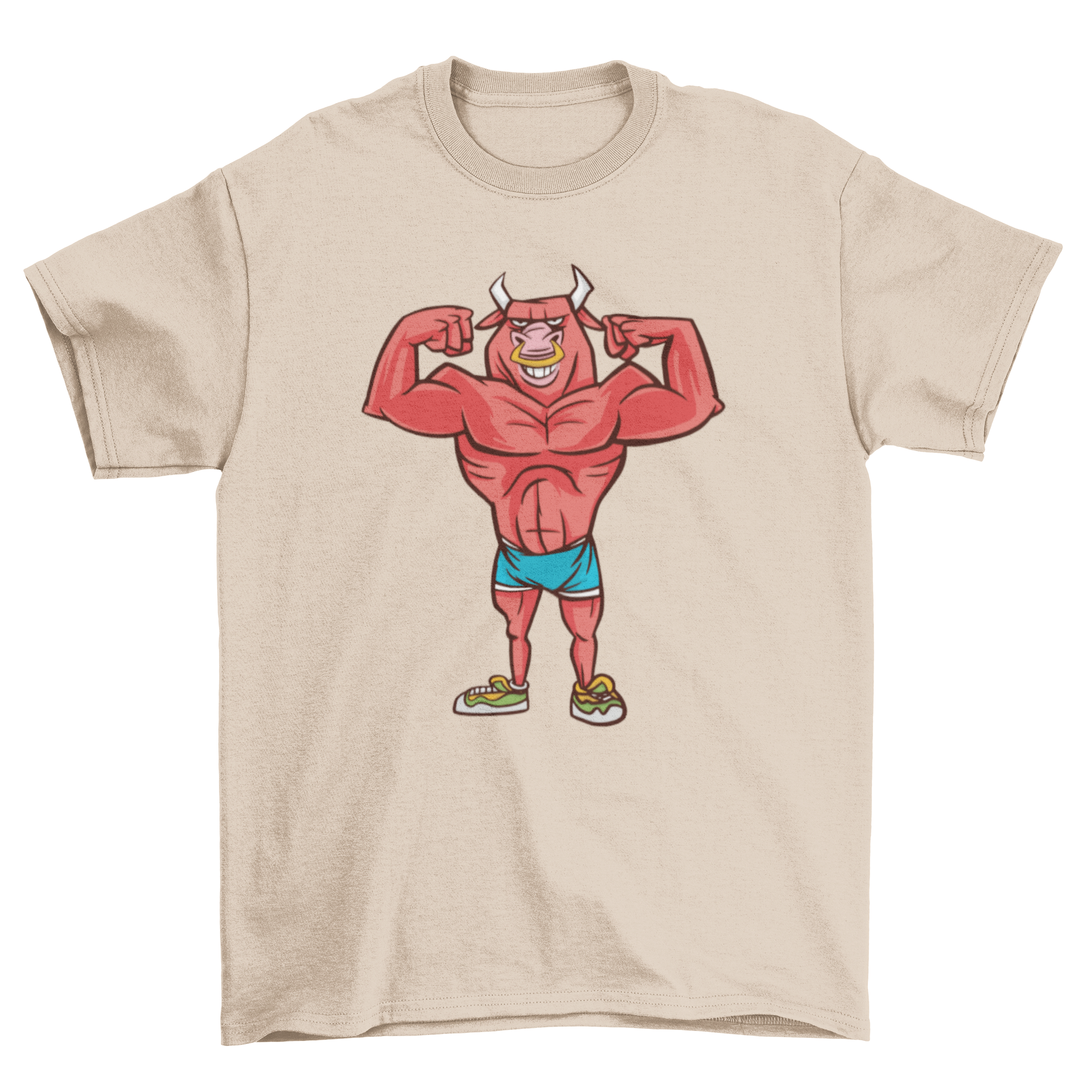 A humorous t-shirt featuring a bodybuilding bull flexing its muscles in a double biceps pose, perfect for fitness enthusiasts.