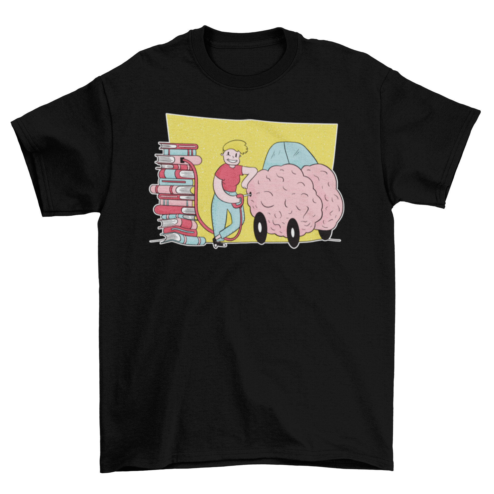 Book Brain Fuel T-shirt featuring a man pumping brain fuel from a pile of books into a brain car, showcasing creativity and passion for reading.