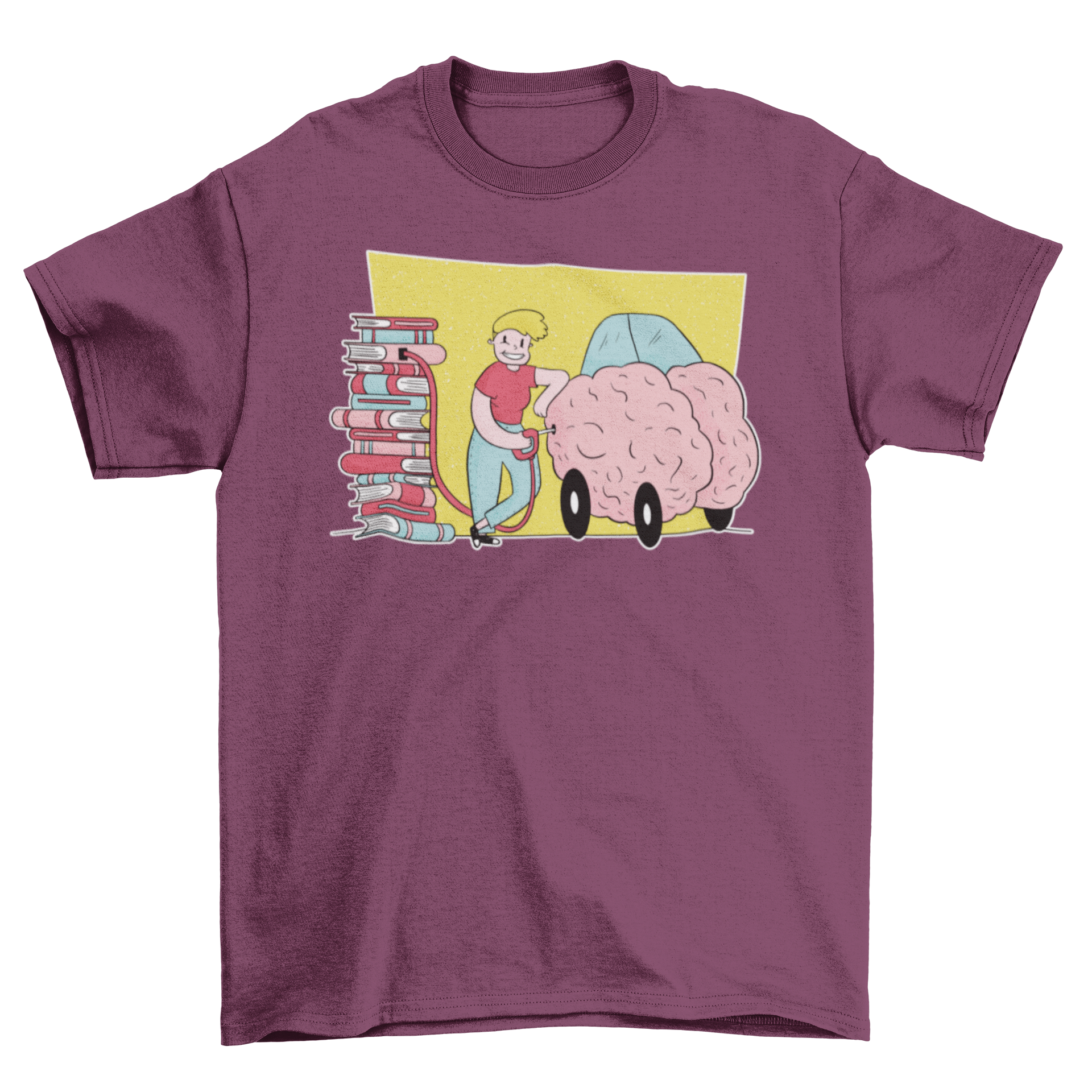 Book Brain Fuel T-shirt featuring a man pumping brain fuel from a pile of books into a brain car, showcasing creativity and passion for reading.