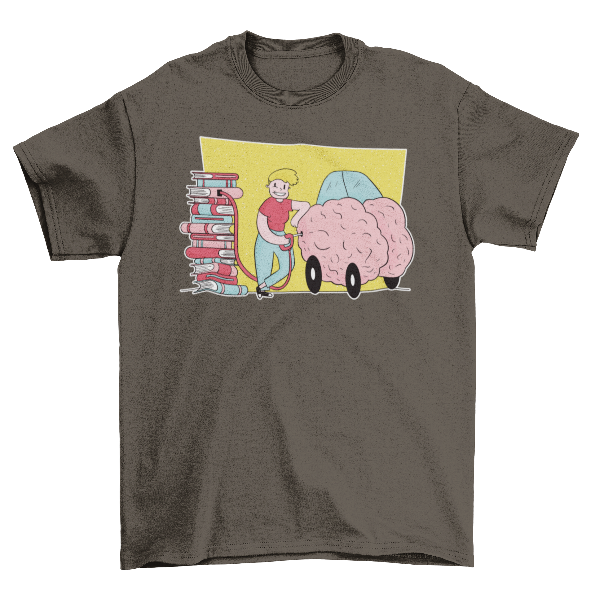 Book Brain Fuel T-shirt featuring a man pumping brain fuel from a pile of books into a brain car, showcasing creativity and passion for reading.