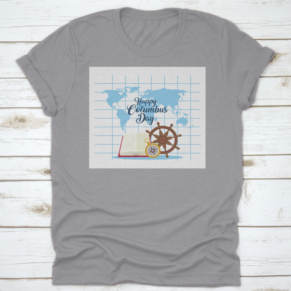 A stylish t-shirt featuring a compass and rudder design in front of a map, celebrating Columbus Day.