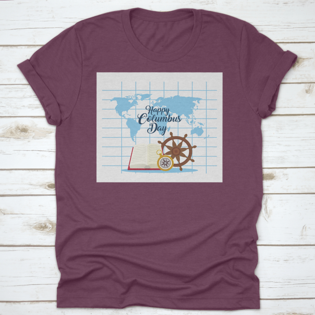 A stylish t-shirt featuring a compass and rudder design in front of a map, celebrating Columbus Day.