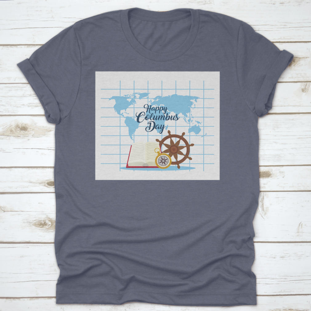 A stylish t-shirt featuring a compass and rudder design in front of a map, celebrating Columbus Day.