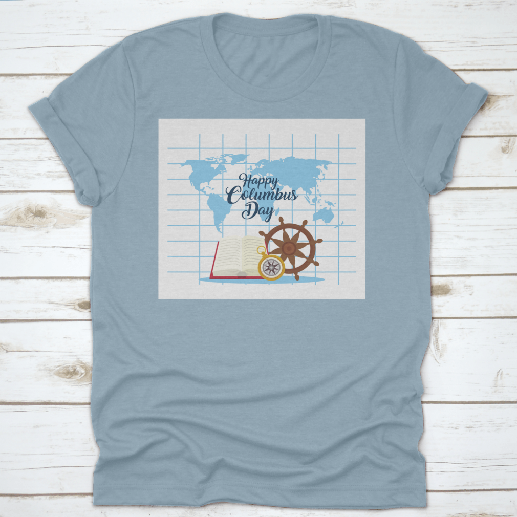 A stylish t-shirt featuring a compass and rudder design in front of a map, celebrating Columbus Day.