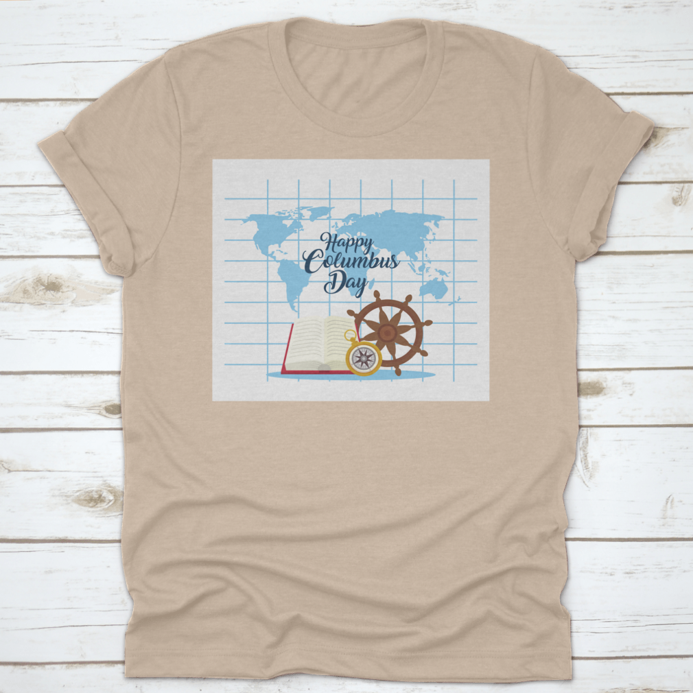 A stylish t-shirt featuring a compass and rudder design in front of a map, celebrating Columbus Day.