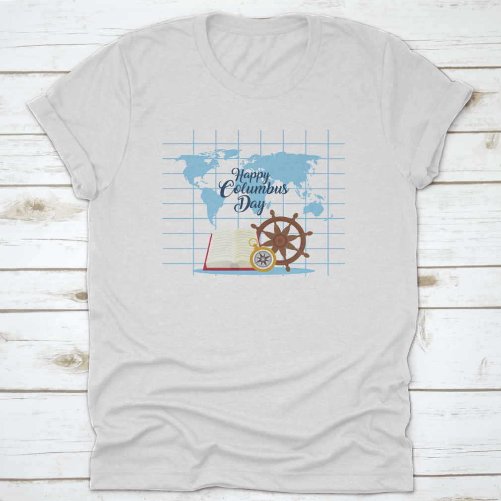 A stylish t-shirt featuring a compass and rudder design in front of a map, celebrating Columbus Day.