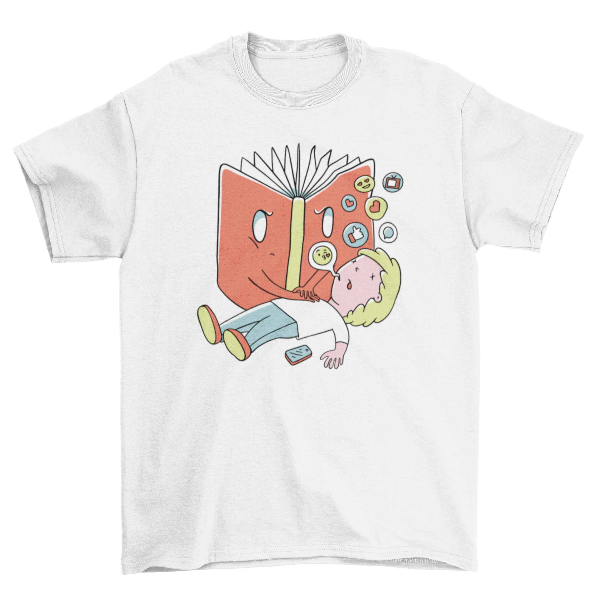 A creative t-shirt featuring an illustration of a book giving CPR to a boy, showcasing a fun and educational theme.