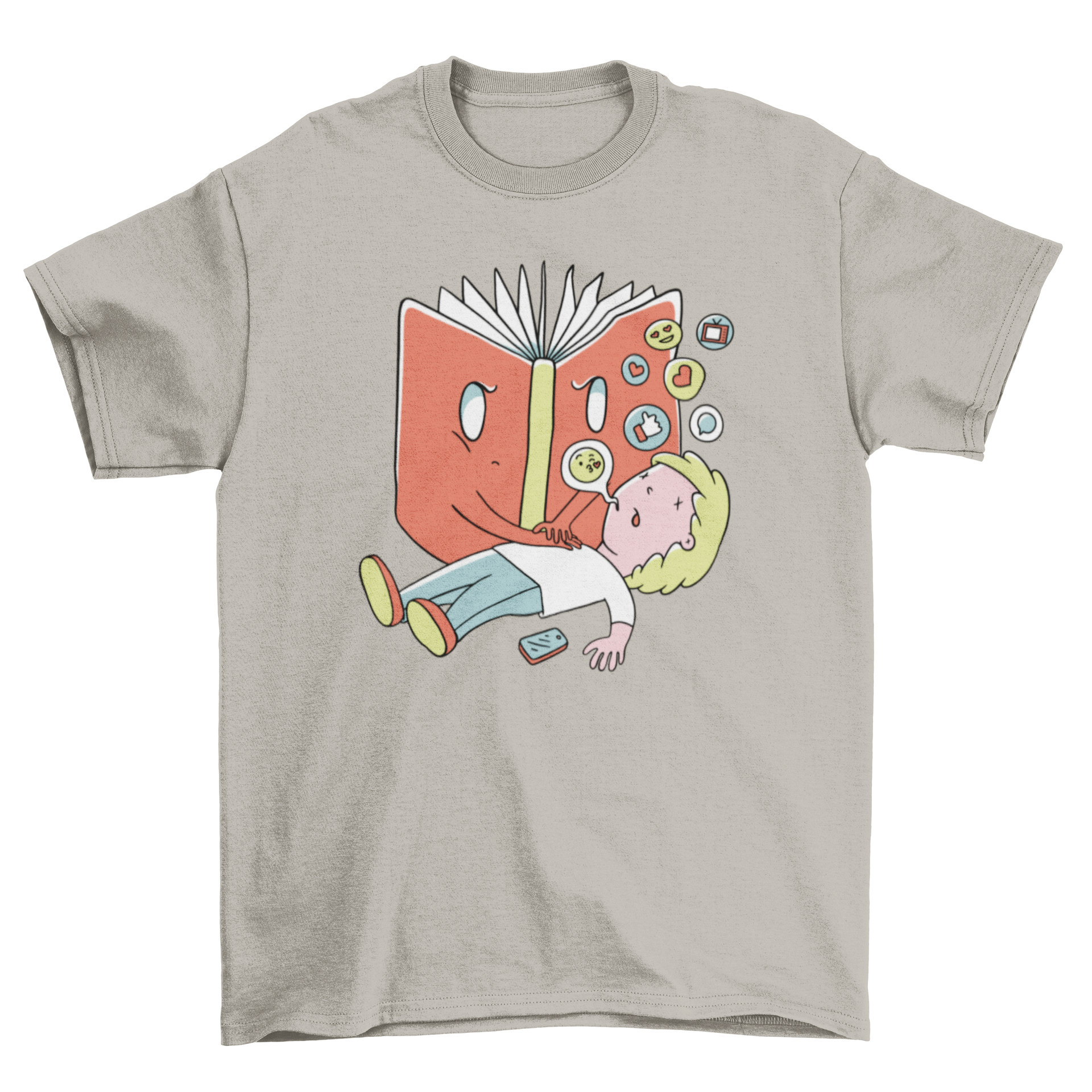 A creative t-shirt featuring an illustration of a book giving CPR to a boy, showcasing a fun and educational theme.