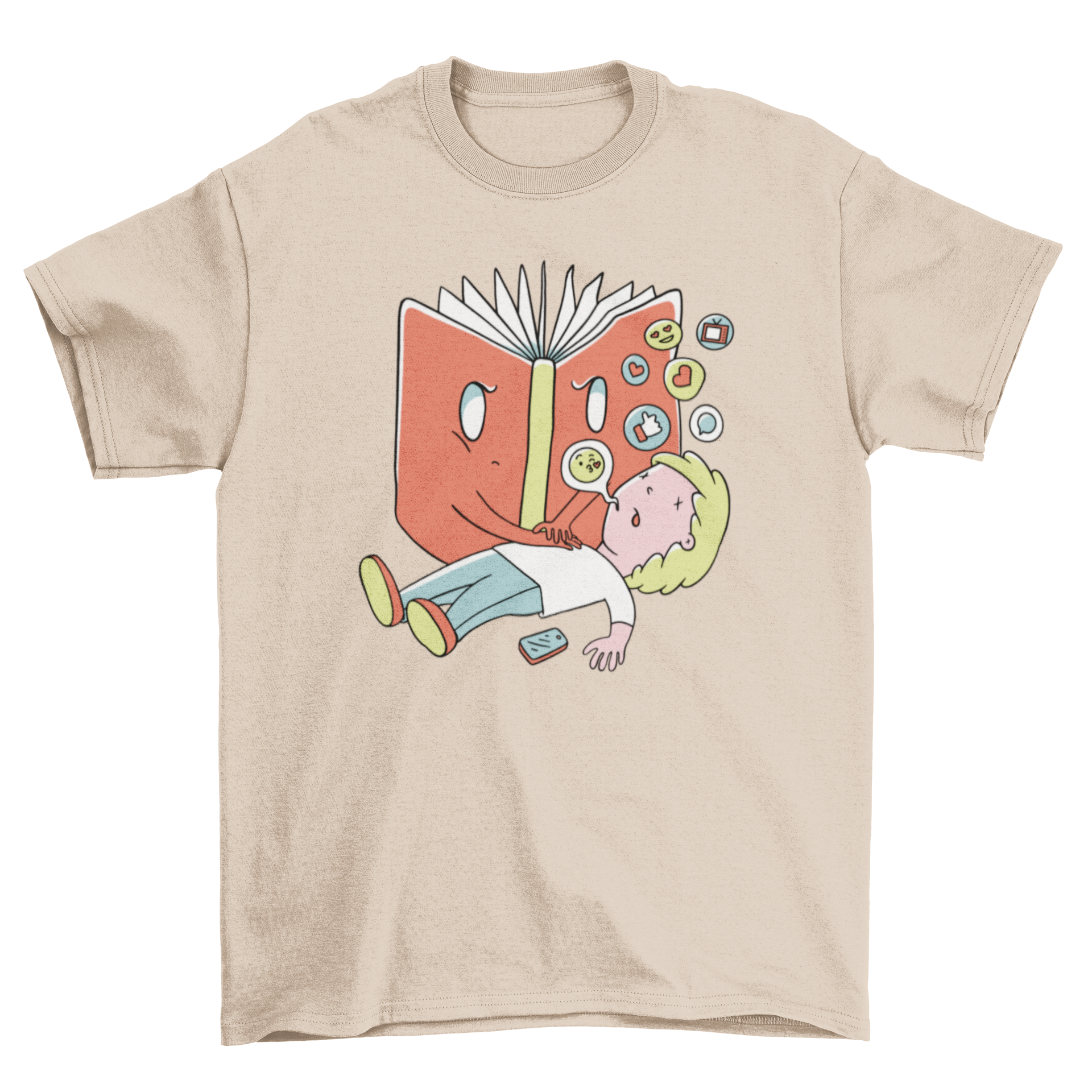 A creative t-shirt featuring an illustration of a book giving CPR to a boy, showcasing a fun and educational theme.