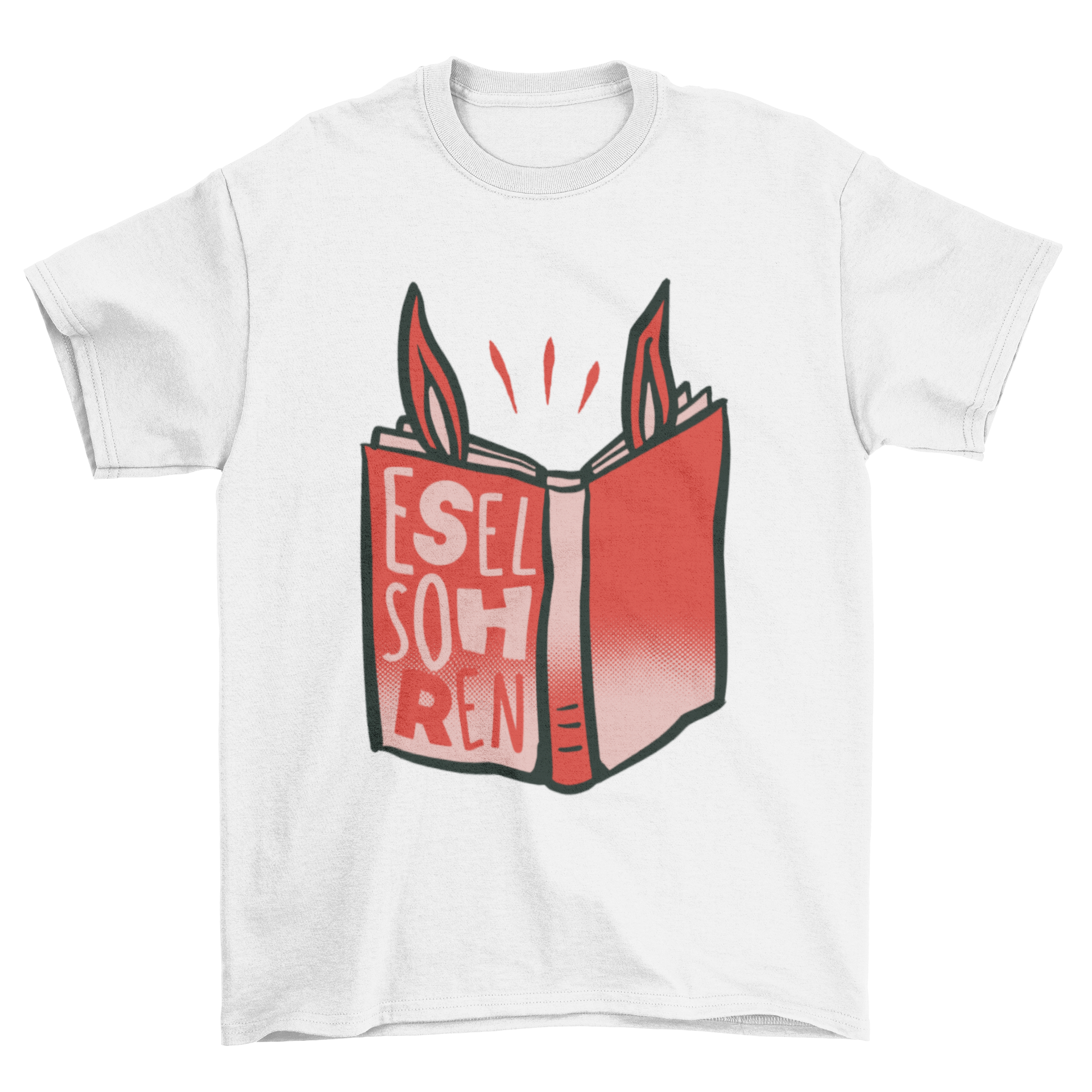 Funny t-shirt featuring a book with donkey ears and the caption 'Eselsohren', perfect for book lovers.