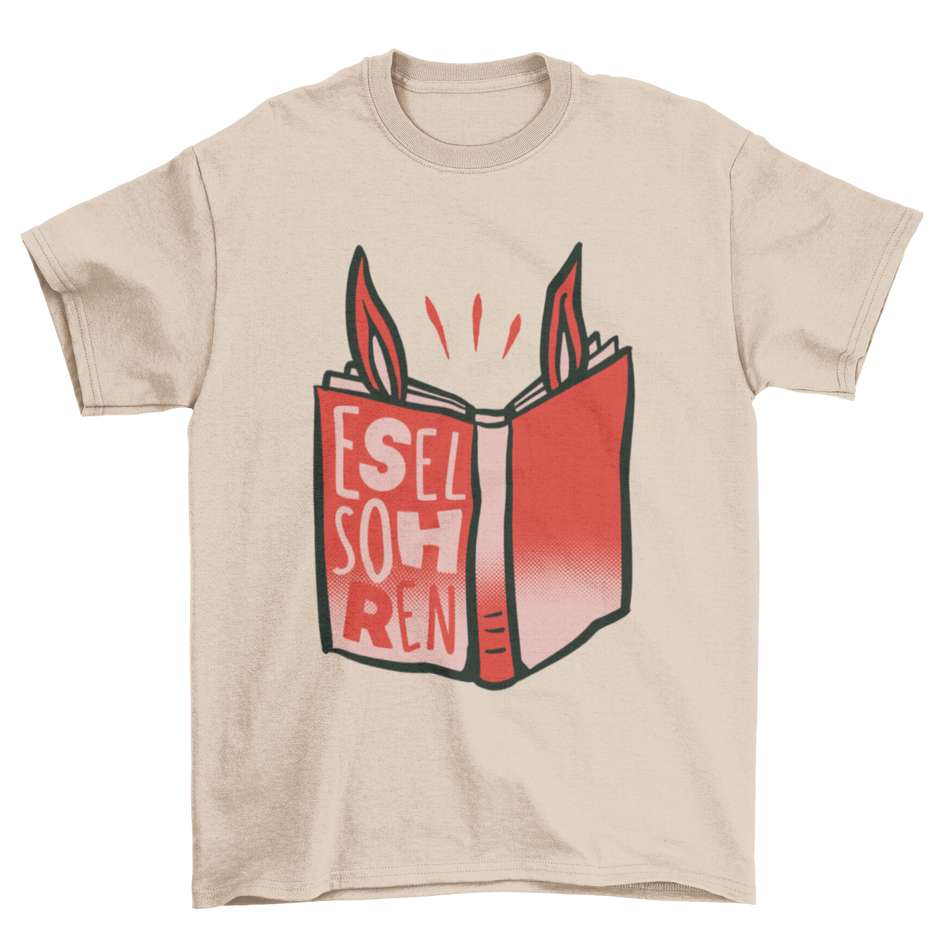 Funny t-shirt featuring a book with donkey ears and the caption 'Eselsohren', perfect for book lovers.