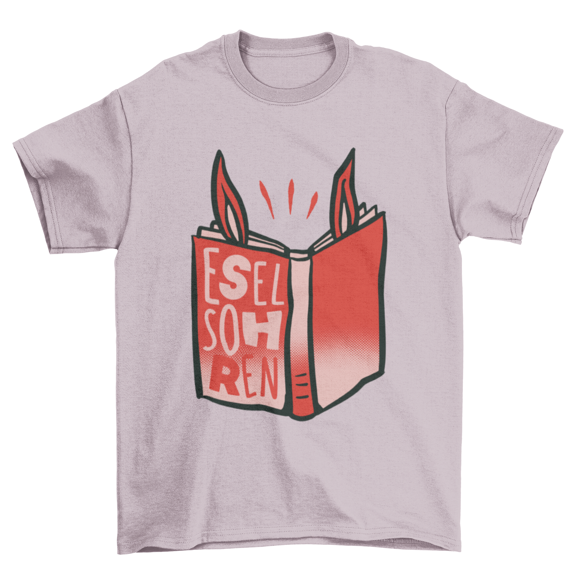 Funny t-shirt featuring a book with donkey ears and the caption 'Eselsohren', perfect for book lovers.