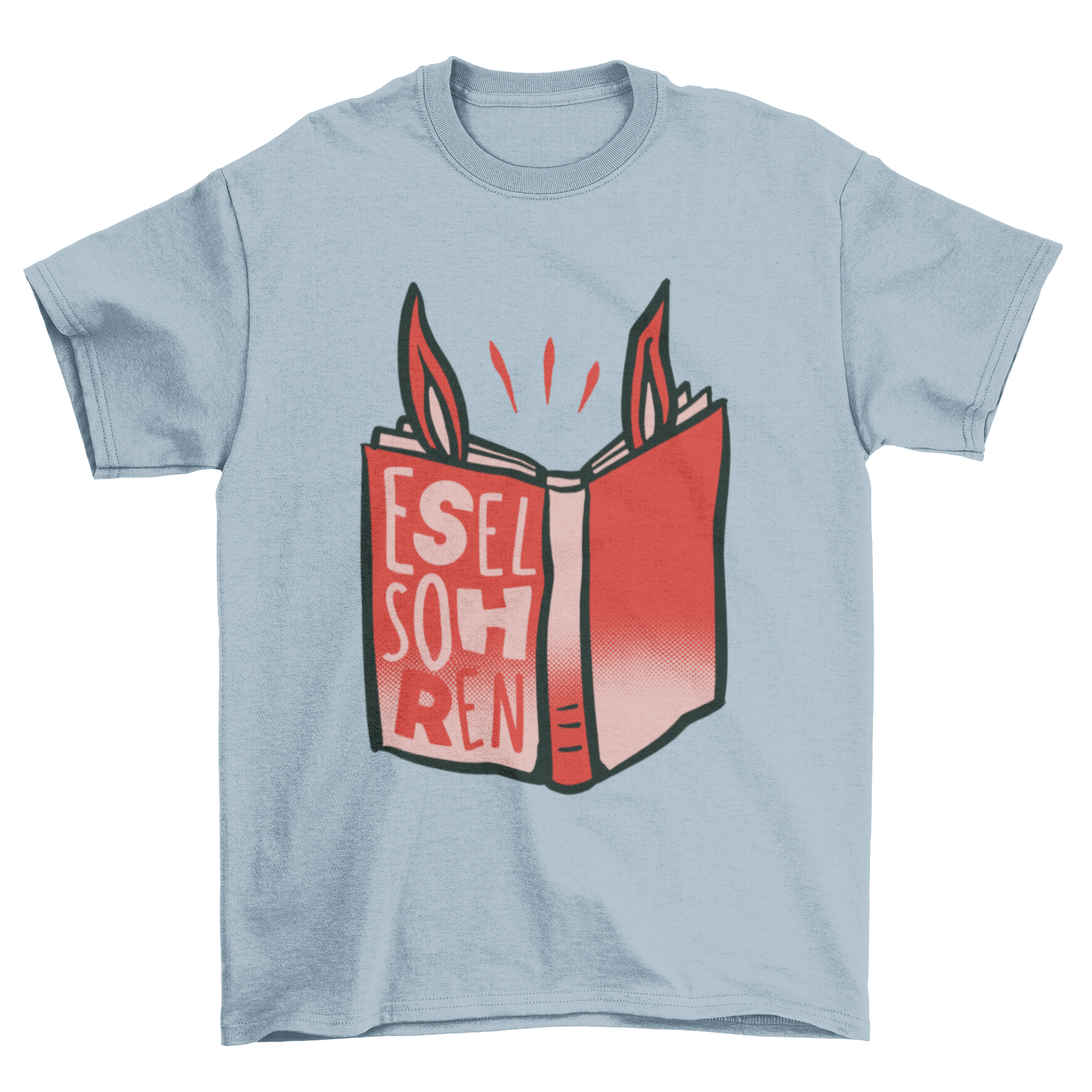 Funny t-shirt featuring a book with donkey ears and the caption 'Eselsohren', perfect for book lovers.