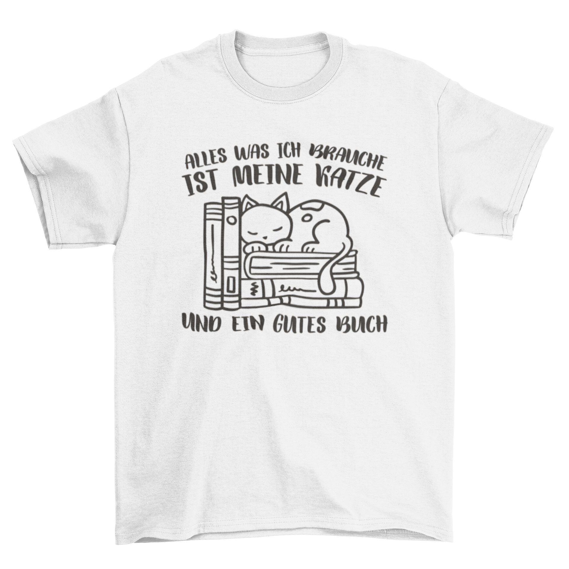 A cozy t-shirt featuring a sleeping cat on books with a German quote about cats and reading.