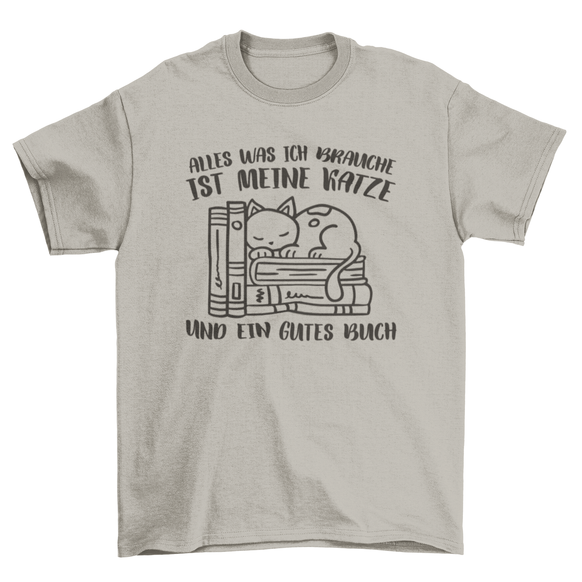 A cozy t-shirt featuring a sleeping cat on books with a German quote about cats and reading.