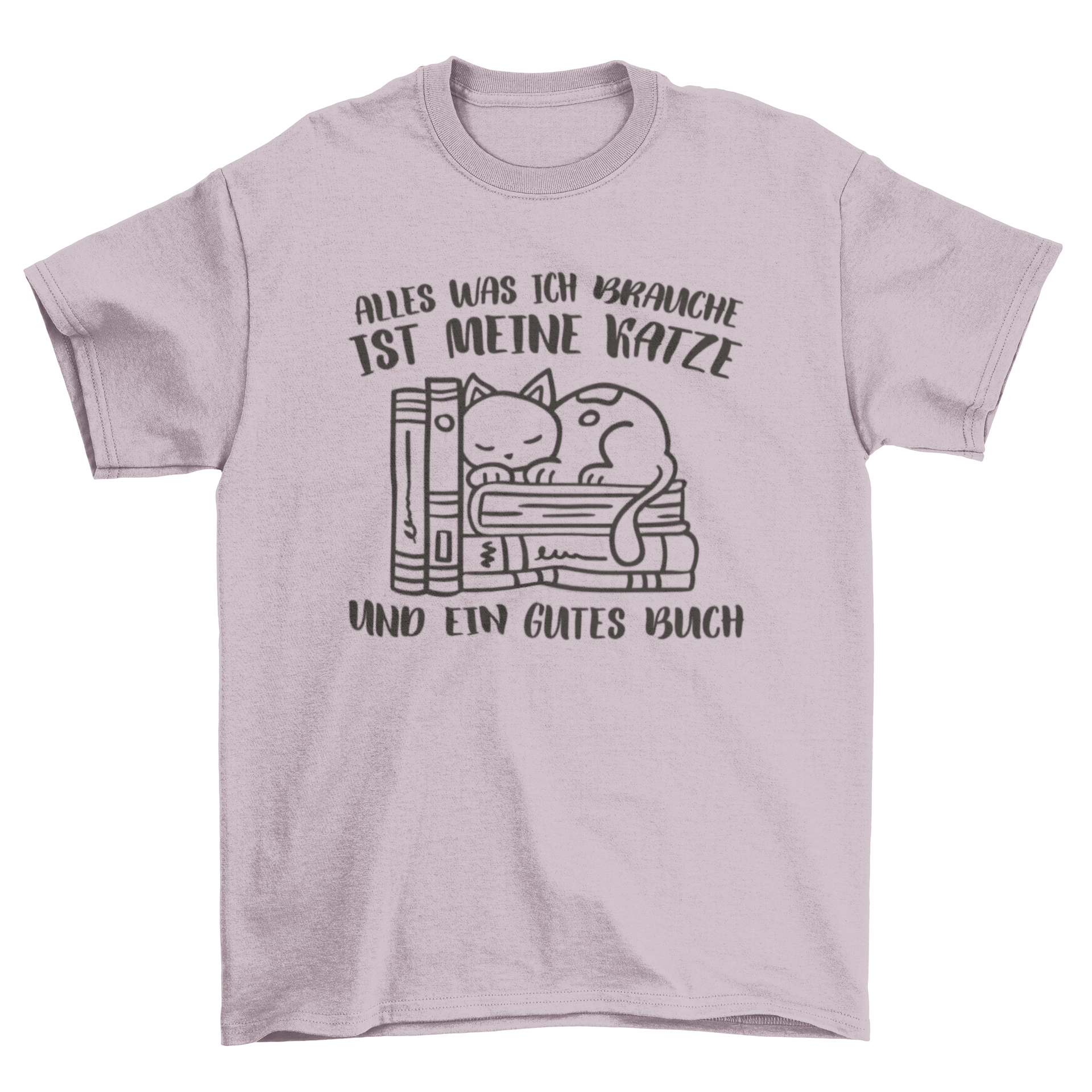 A cozy t-shirt featuring a sleeping cat on books with a German quote about cats and reading.