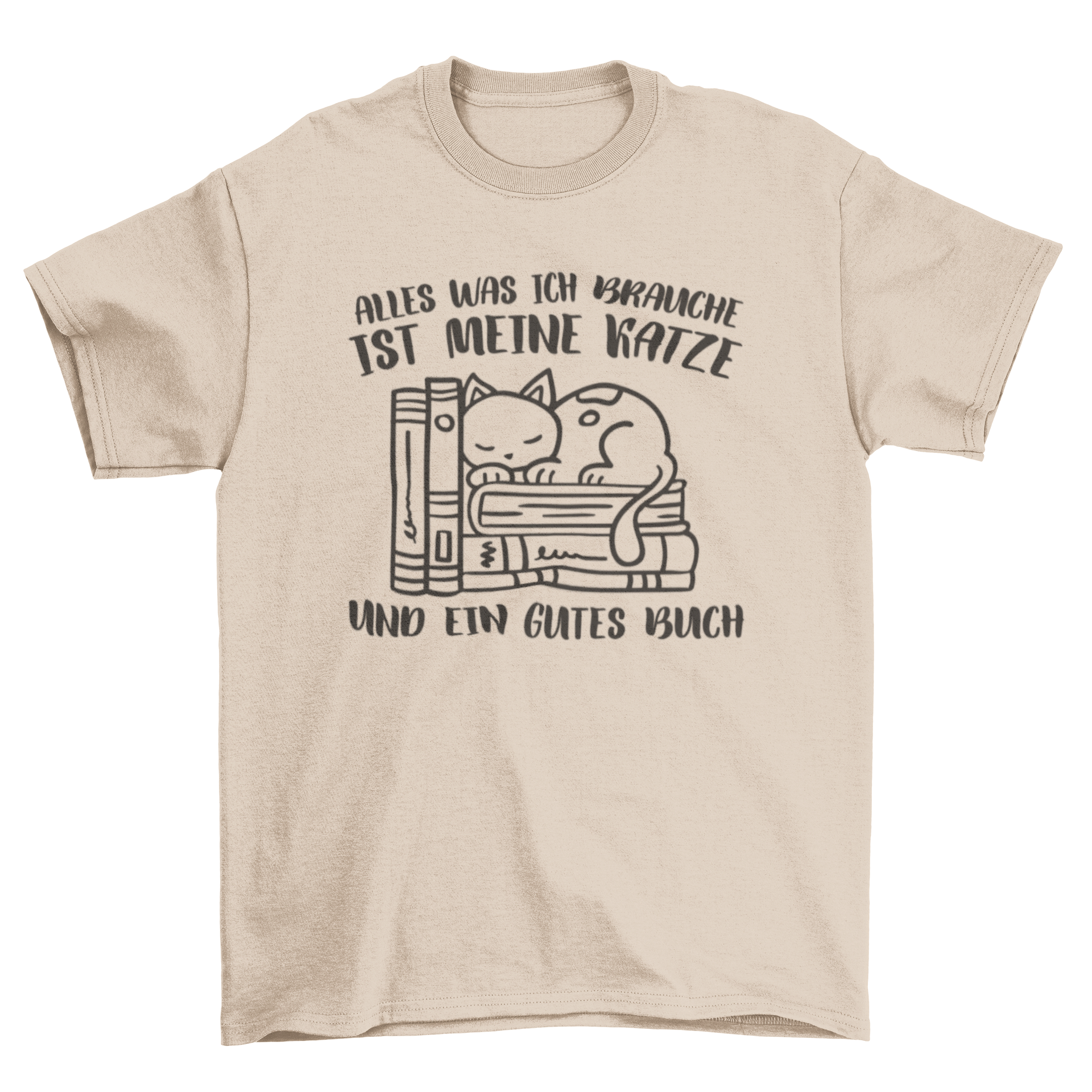 A cozy t-shirt featuring a sleeping cat on books with a German quote about cats and reading.