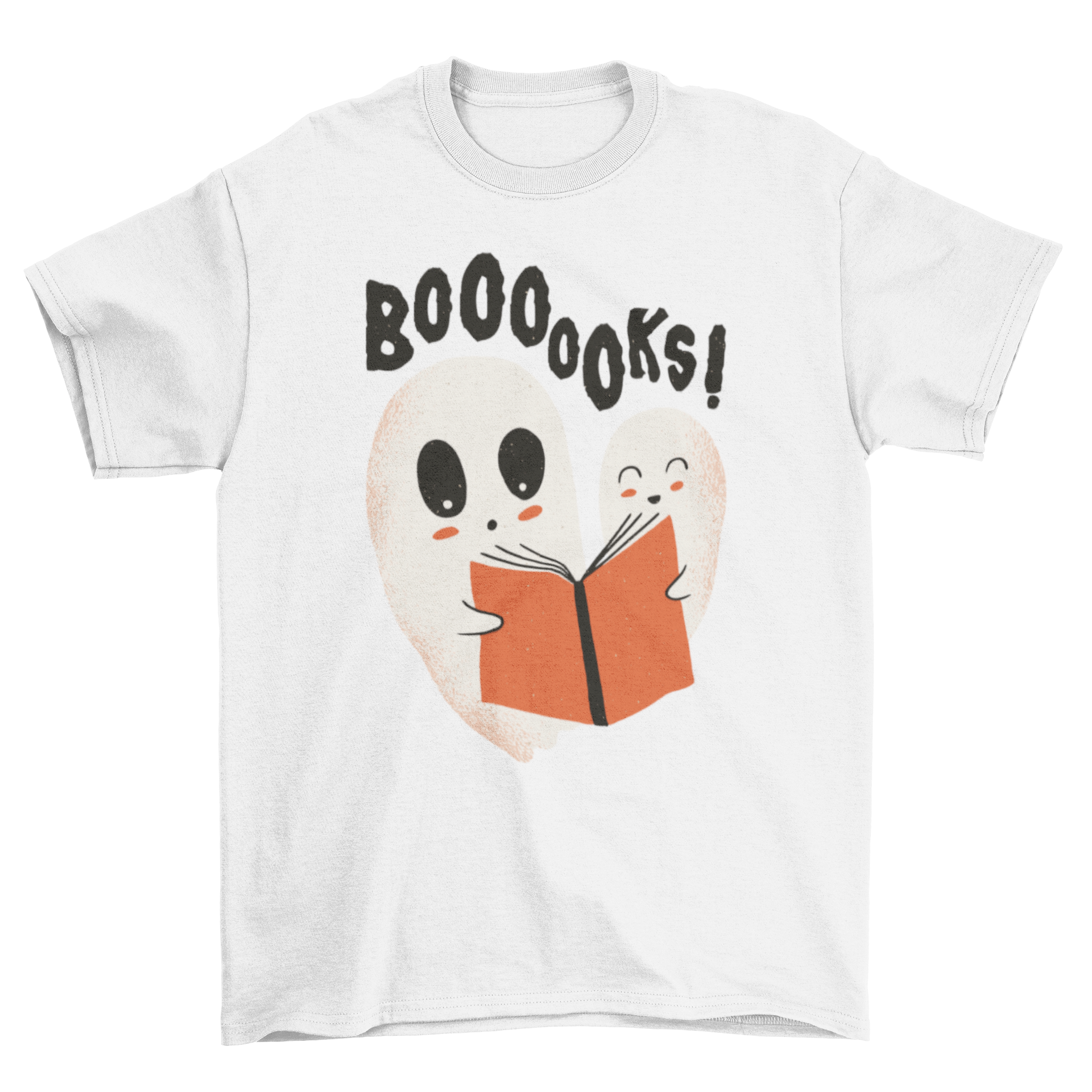 A humorous t-shirt featuring two cute ghosts reading a book with the caption 'Boooooks!'