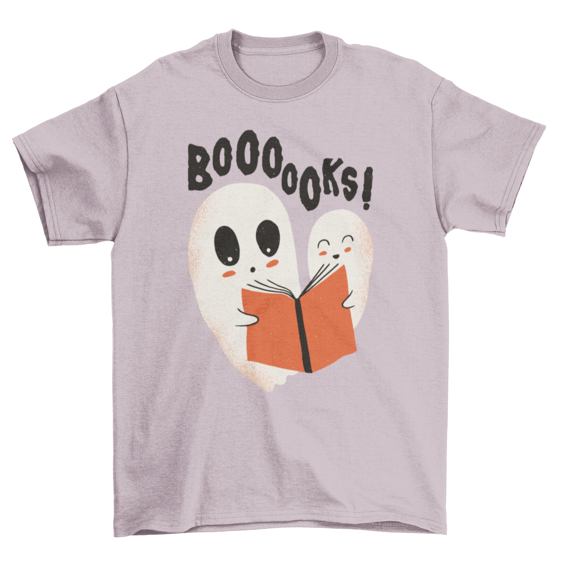 A humorous t-shirt featuring two cute ghosts reading a book with the caption 'Boooooks!'