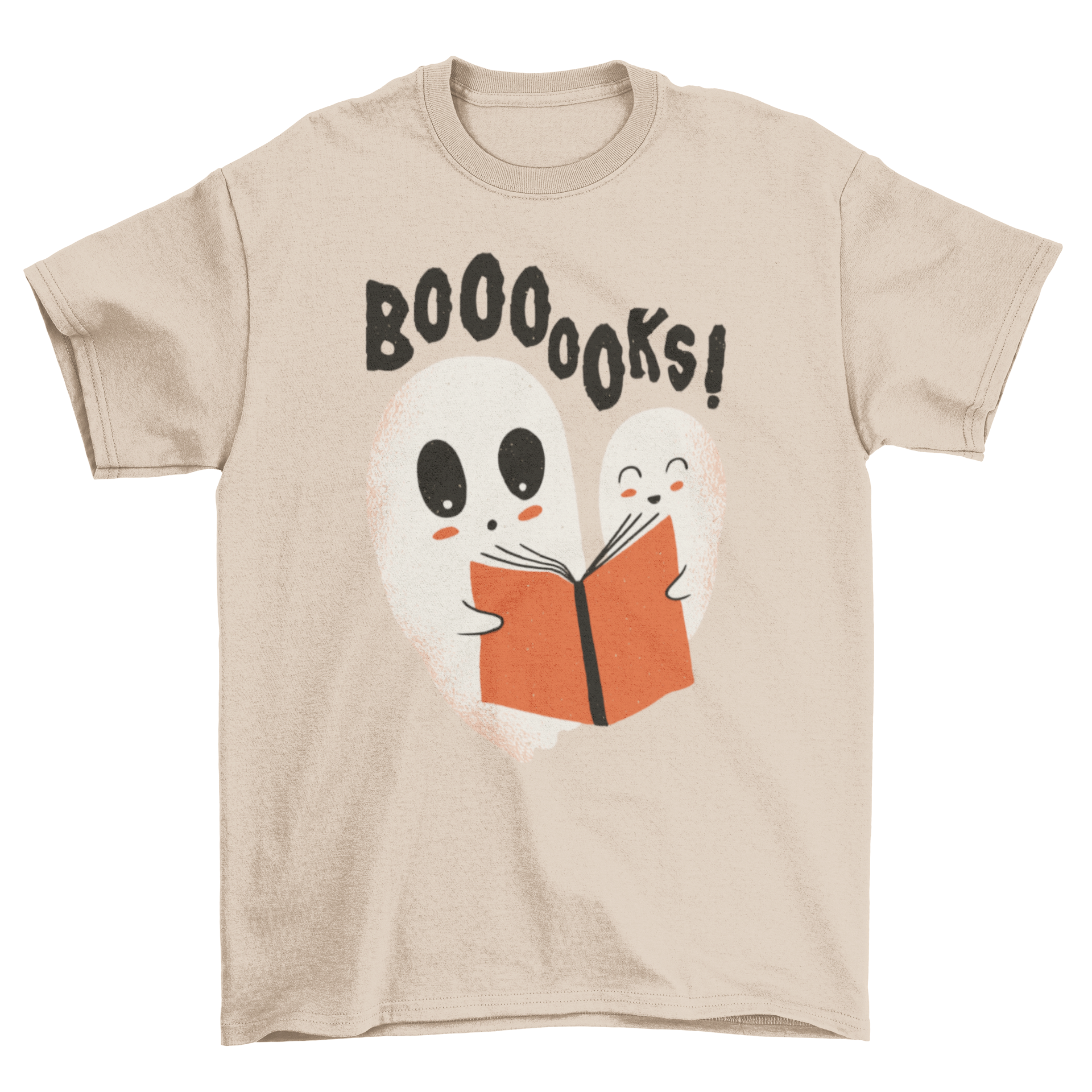 A humorous t-shirt featuring two cute ghosts reading a book with the caption 'Boooooks!'