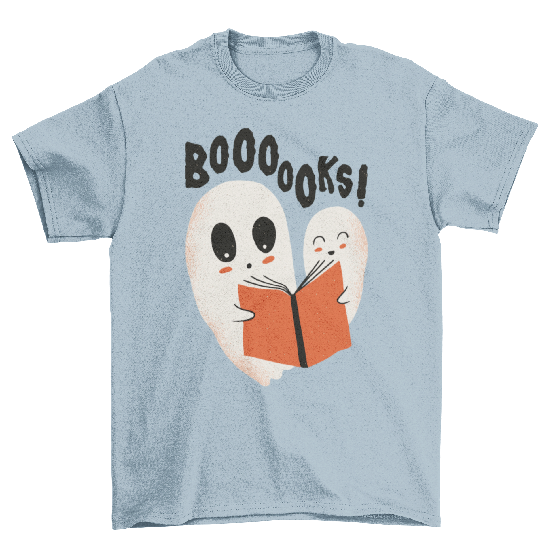 A humorous t-shirt featuring two cute ghosts reading a book with the caption 'Boooooks!'