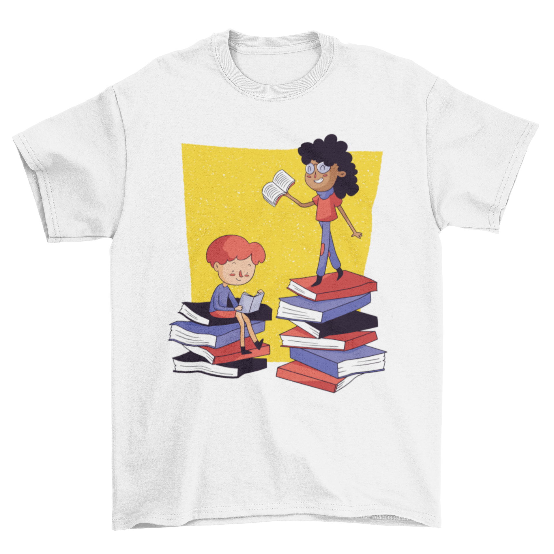 Books Lovers T-Shirt featuring children reading on top of colorful books, showcasing a whimsical design for book enthusiasts.