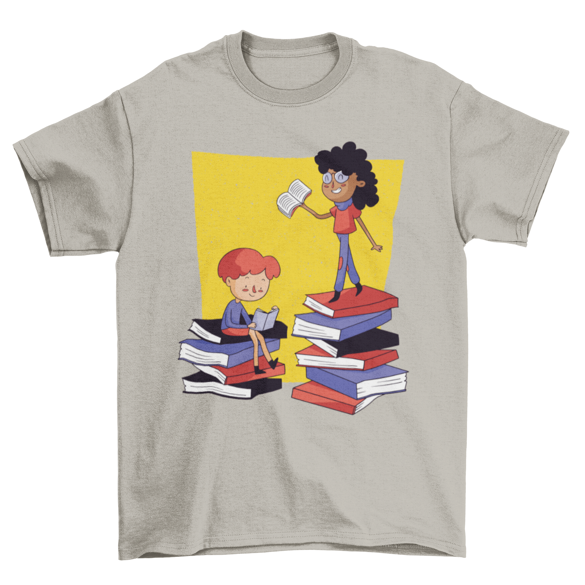 Books Lovers T-Shirt featuring children reading on top of colorful books, showcasing a whimsical design for book enthusiasts.