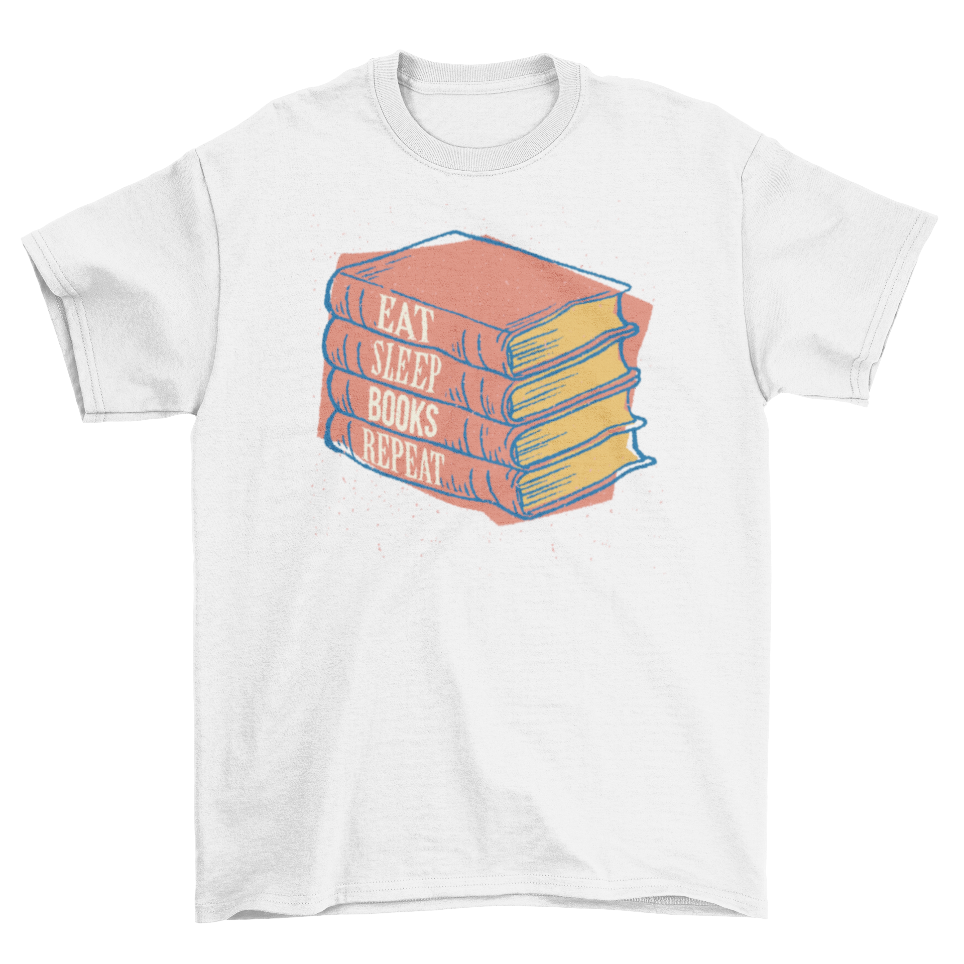 Books Repeat T-shirt featuring four red books and the slogan 'Eat Sleep Books Repeat' in a stylish design.