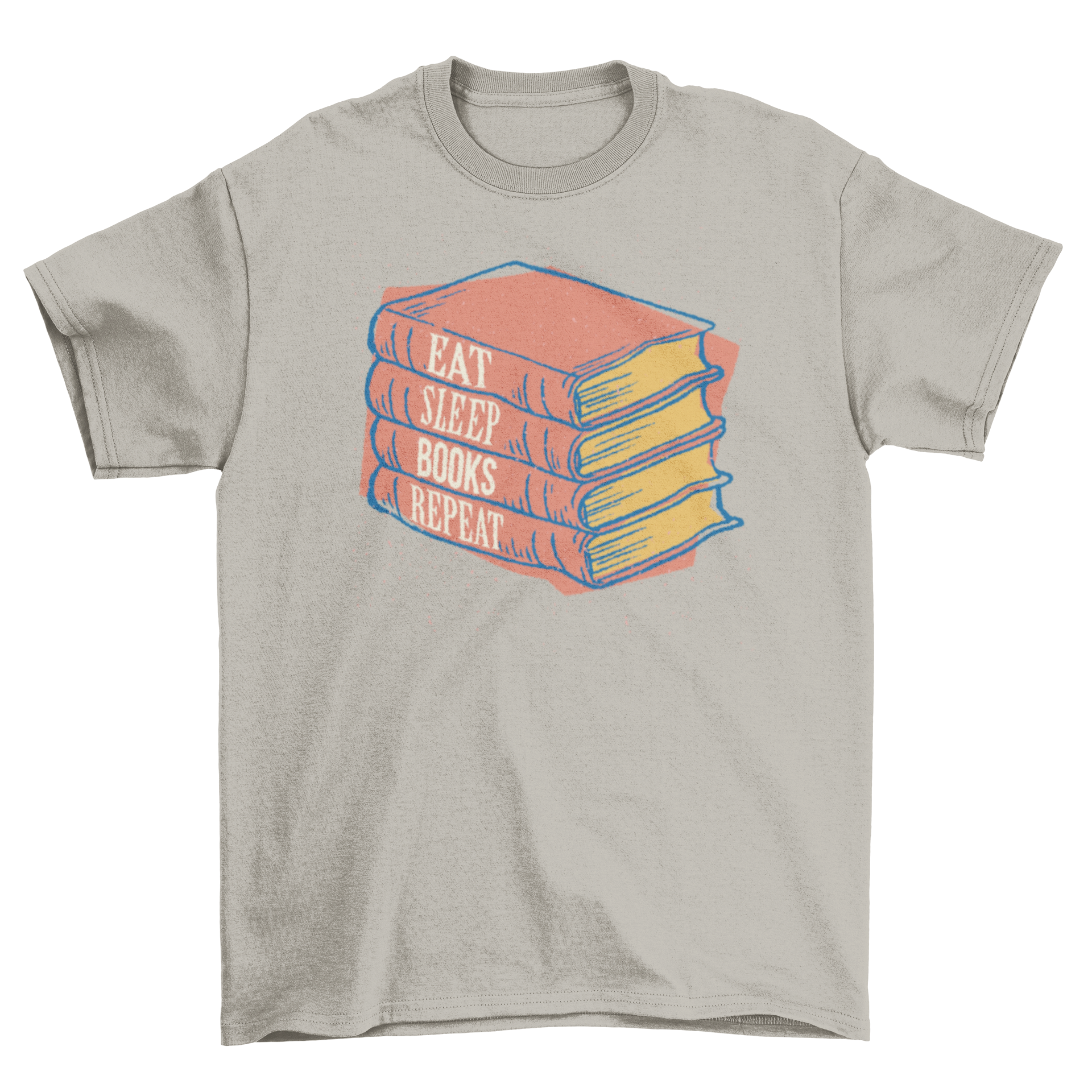 Books Repeat T-shirt featuring four red books and the slogan 'Eat Sleep Books Repeat' in a stylish design.