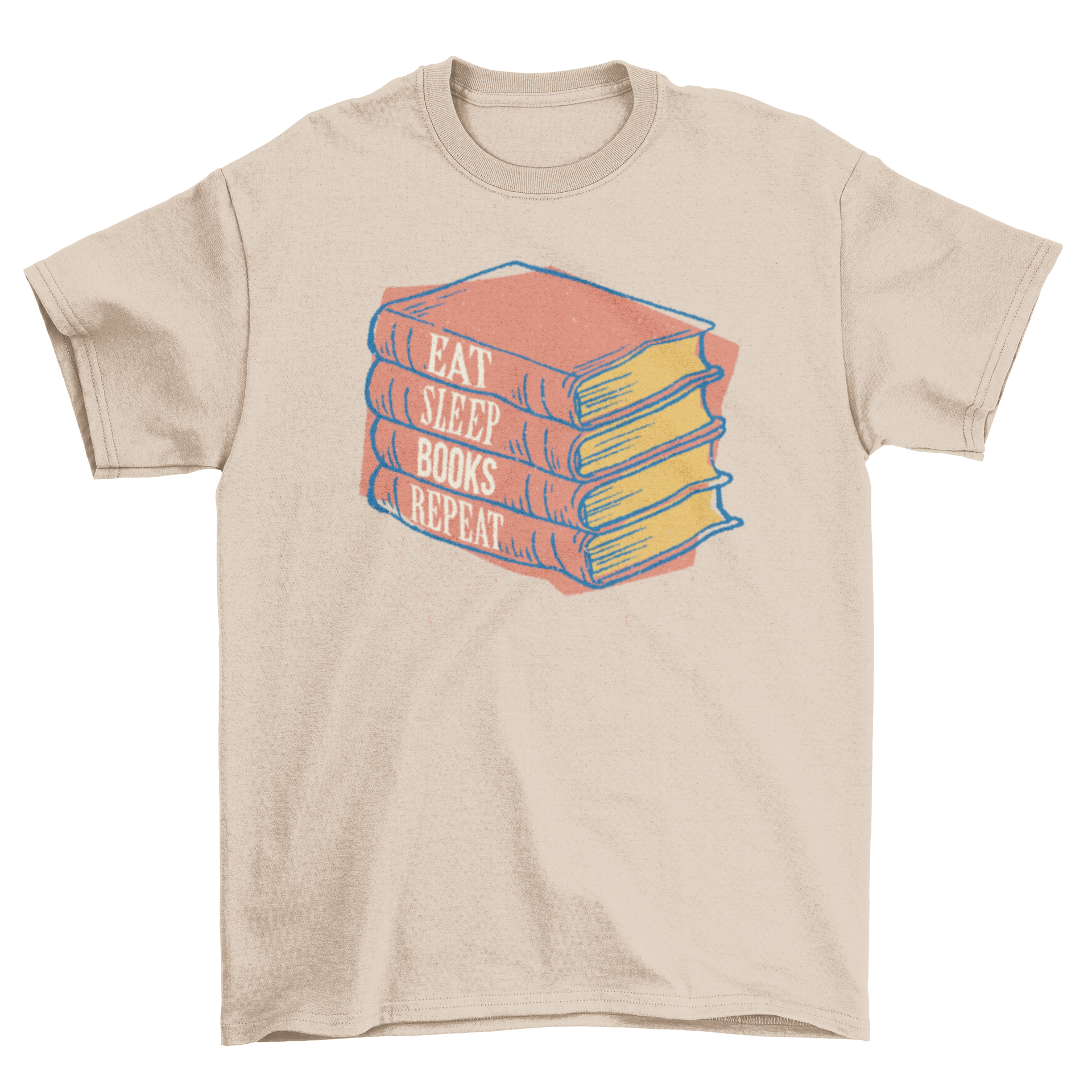 Books Repeat T-shirt featuring four red books and the slogan 'Eat Sleep Books Repeat' in a stylish design.