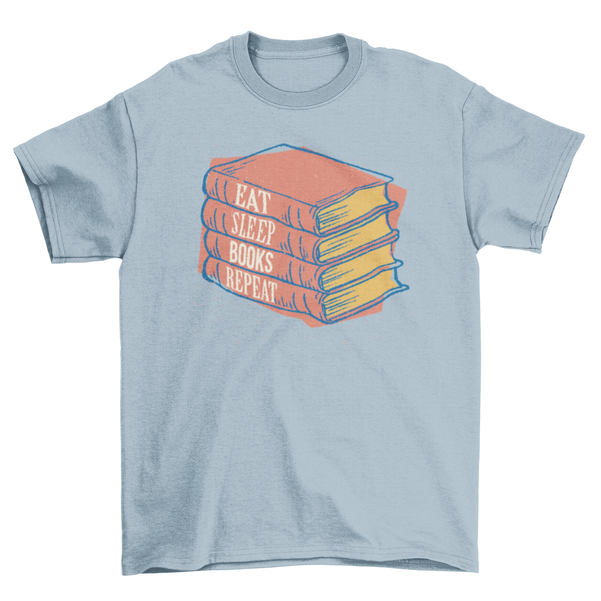 Books Repeat T-shirt featuring four red books and the slogan 'Eat Sleep Books Repeat' in a stylish design.