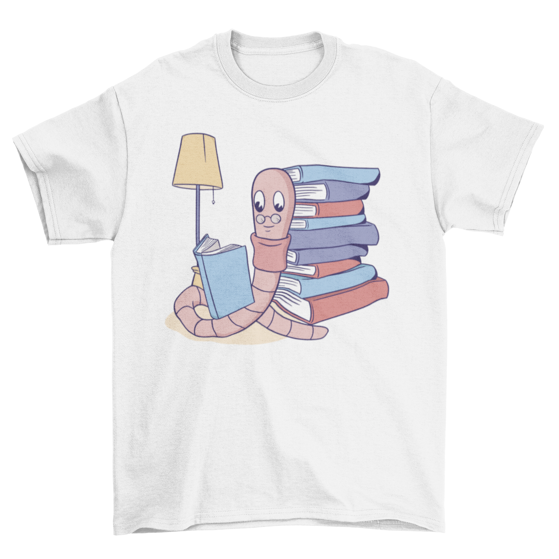 A whimsical t-shirt featuring a cartoon worm with glasses reading a book, surrounded by a stack of books.