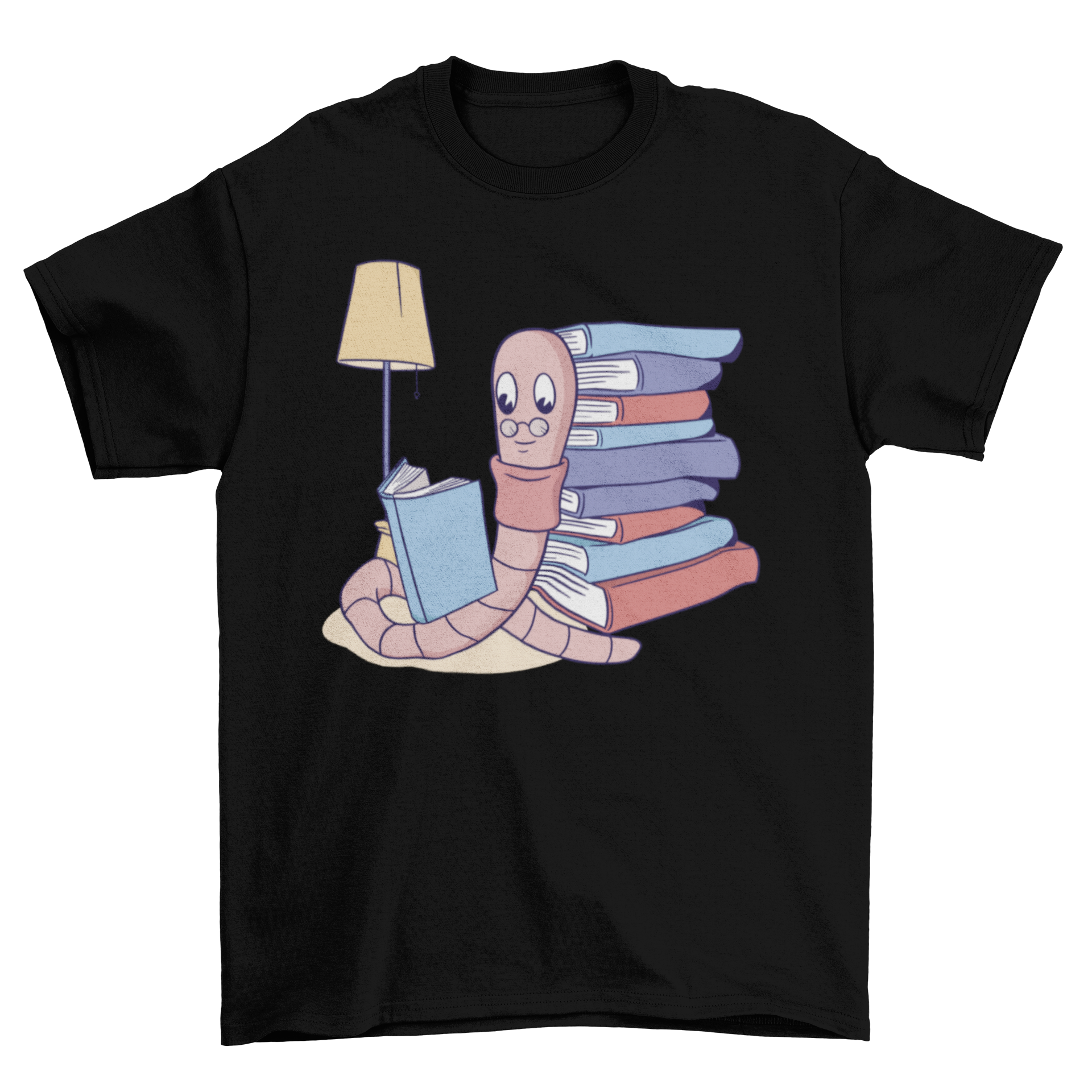 A whimsical t-shirt featuring a cartoon worm with glasses reading a book, surrounded by a stack of books.