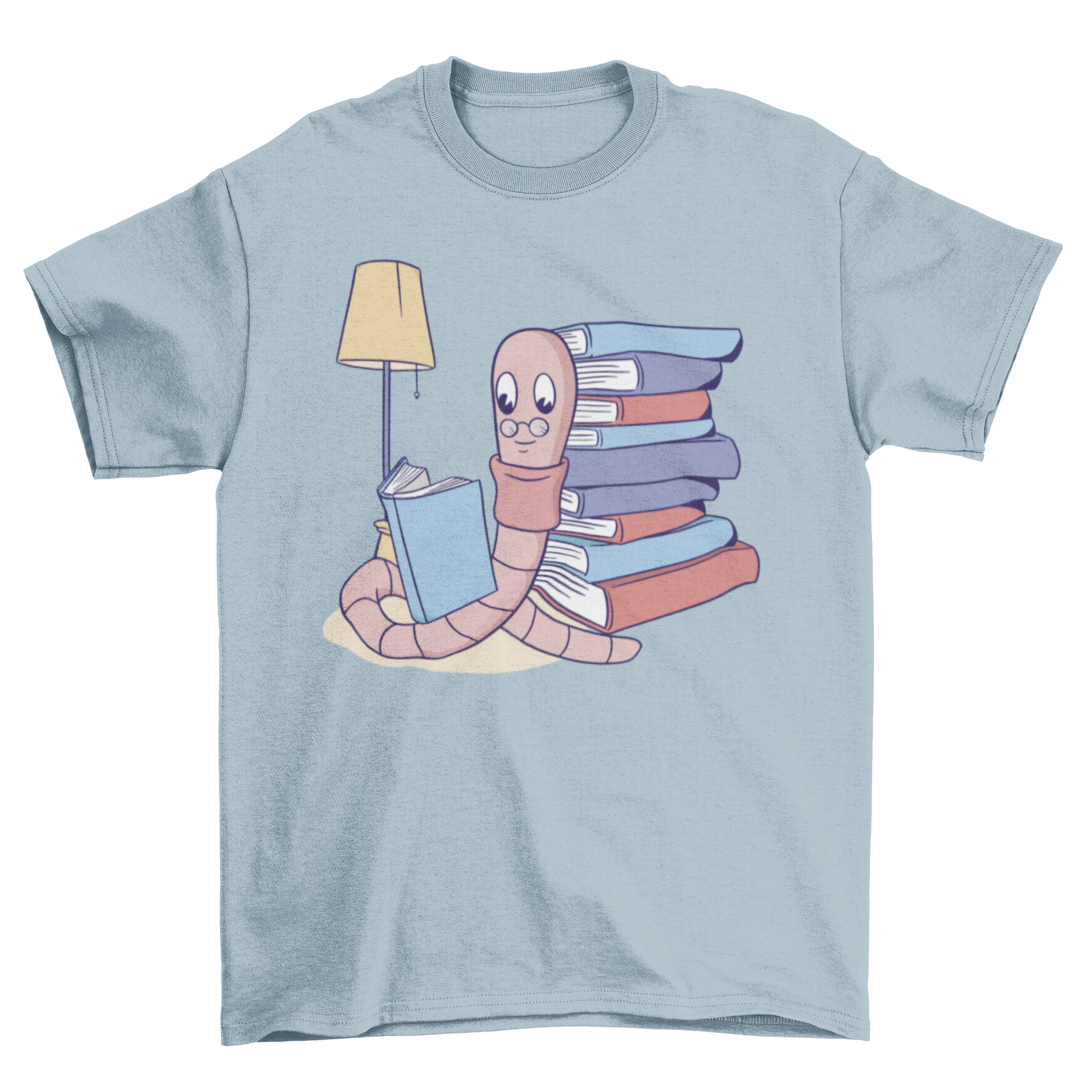 A whimsical t-shirt featuring a cartoon worm with glasses reading a book, surrounded by a stack of books.