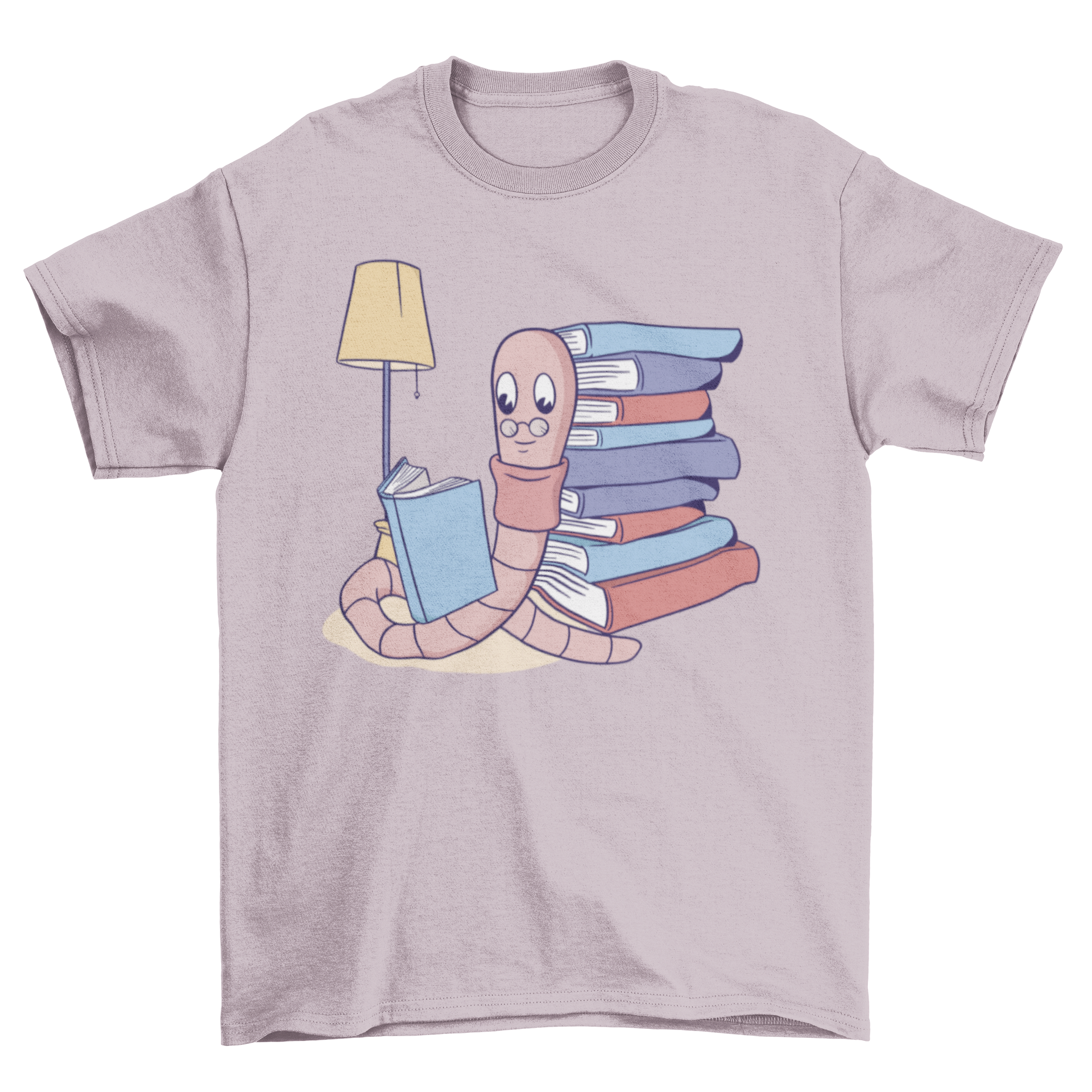 A whimsical t-shirt featuring a cartoon worm with glasses reading a book, surrounded by a stack of books.