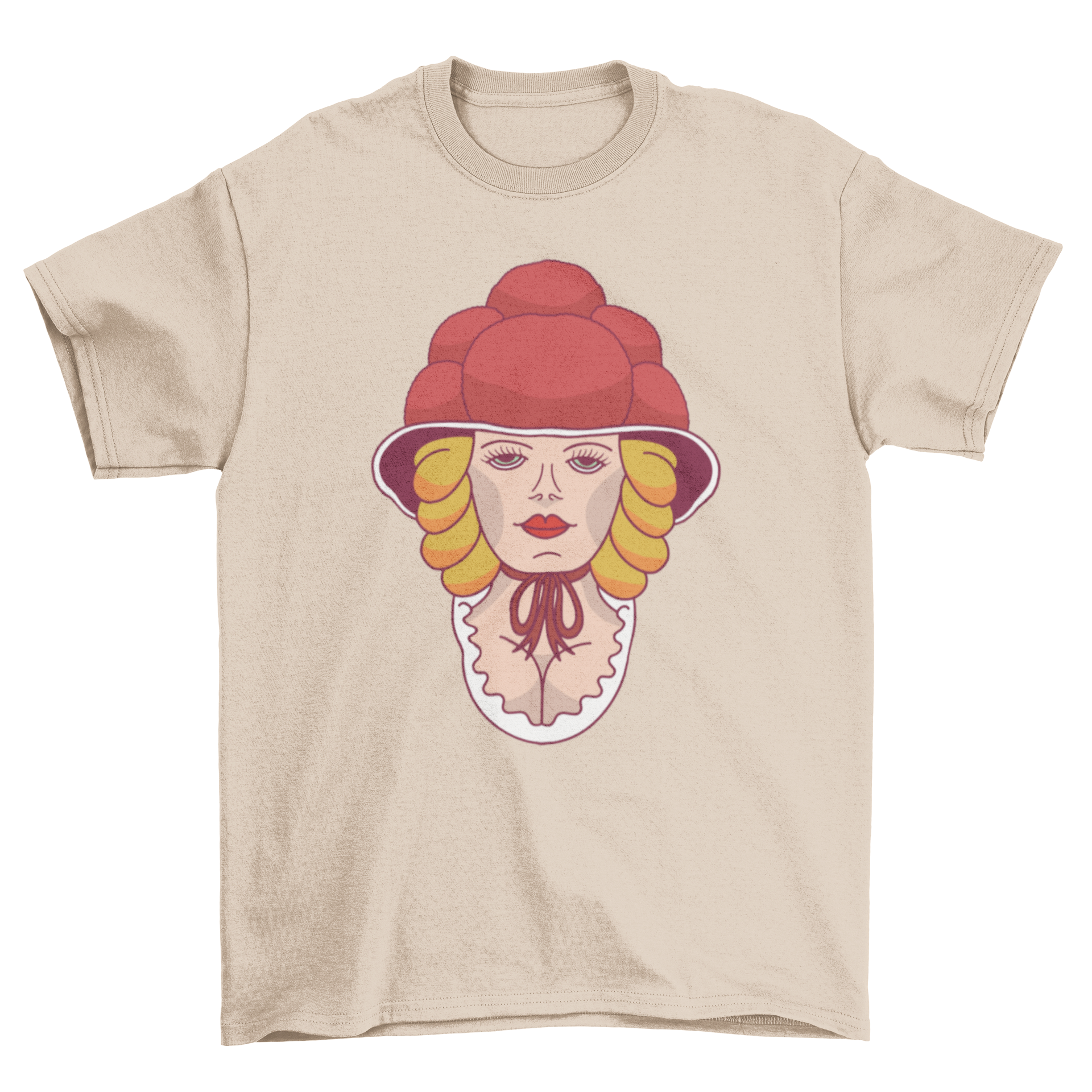 A stylish woman wearing a Bollenhut illustrated on a t-shirt, showcasing cultural heritage.