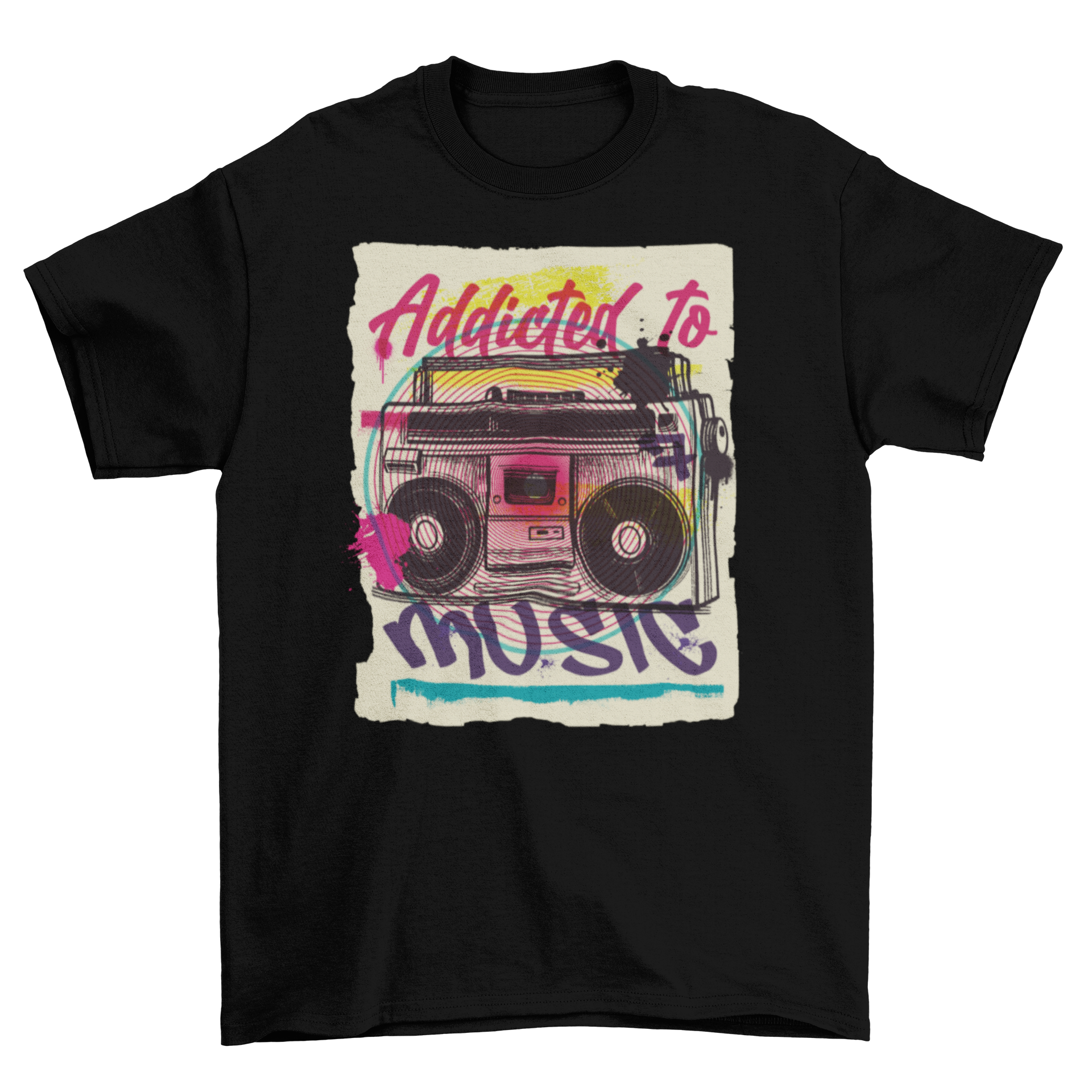 Boombox urban graffiti t-shirt featuring vibrant colors and the quote 'Addicted to music'.