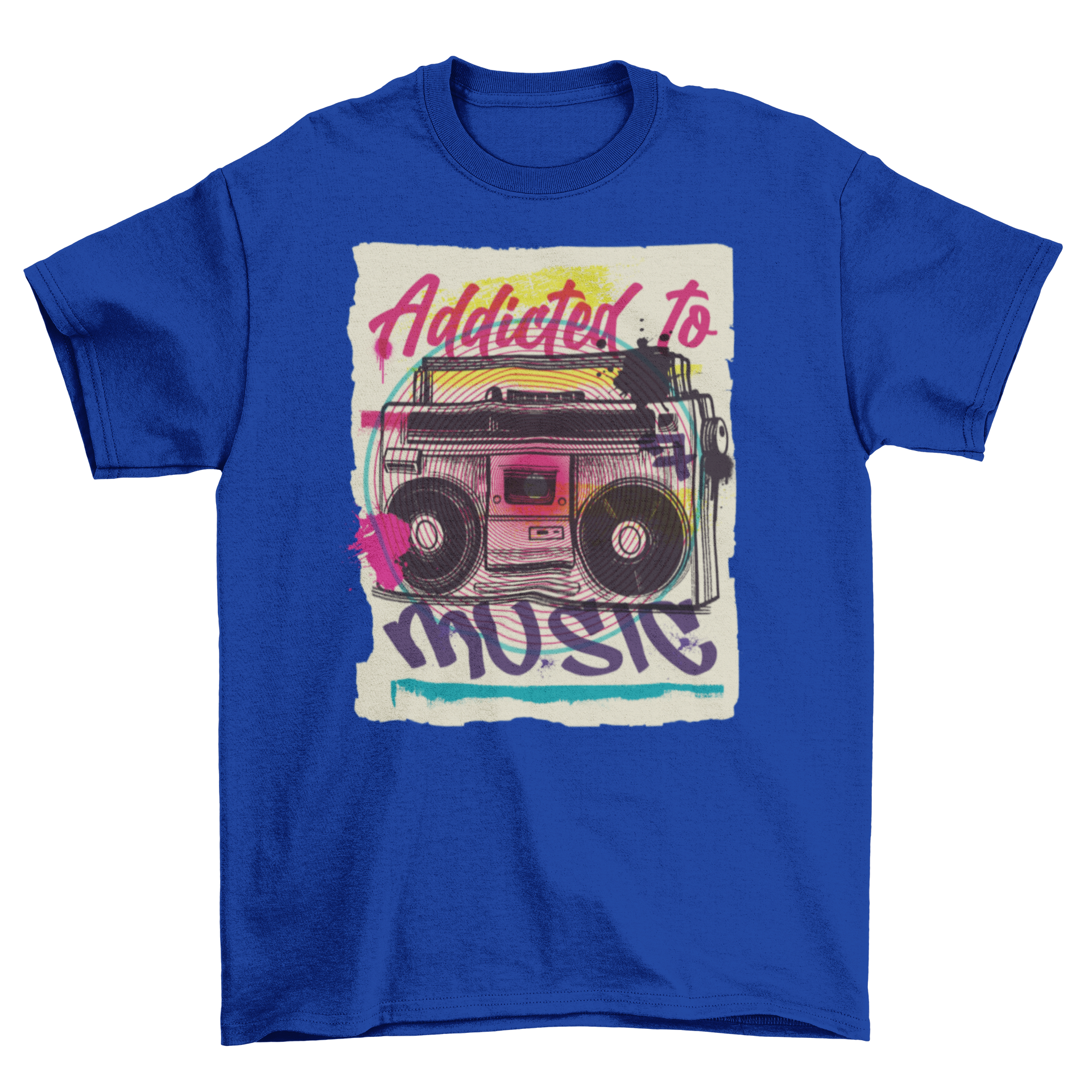 Boombox urban graffiti t-shirt featuring vibrant colors and the quote 'Addicted to music'.