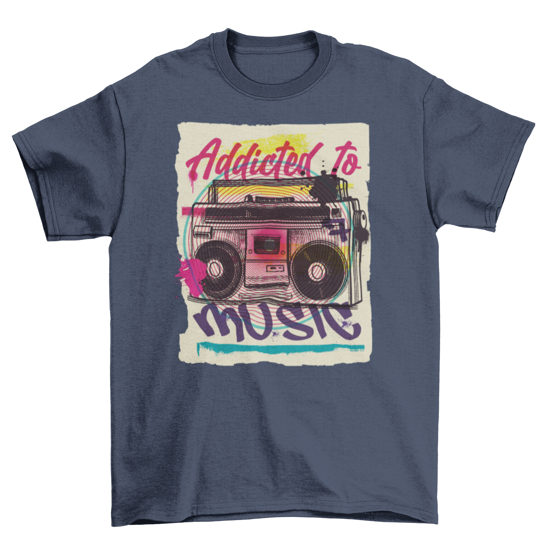 Boombox urban graffiti t-shirt featuring vibrant colors and the quote 'Addicted to music'.