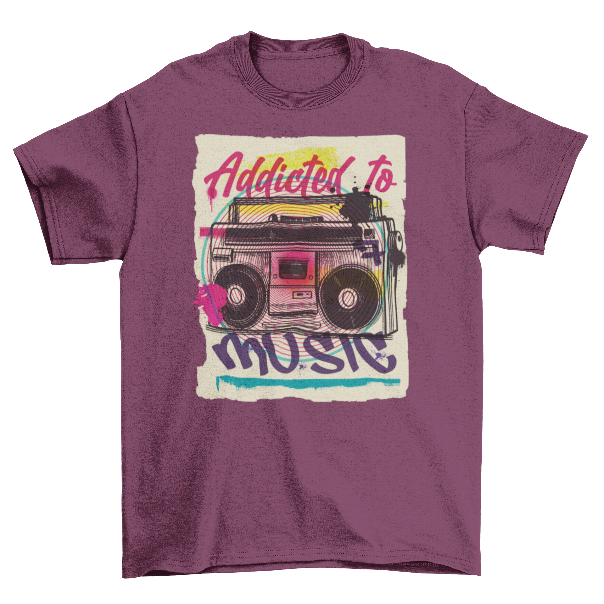 Boombox urban graffiti t-shirt featuring vibrant colors and the quote 'Addicted to music'.