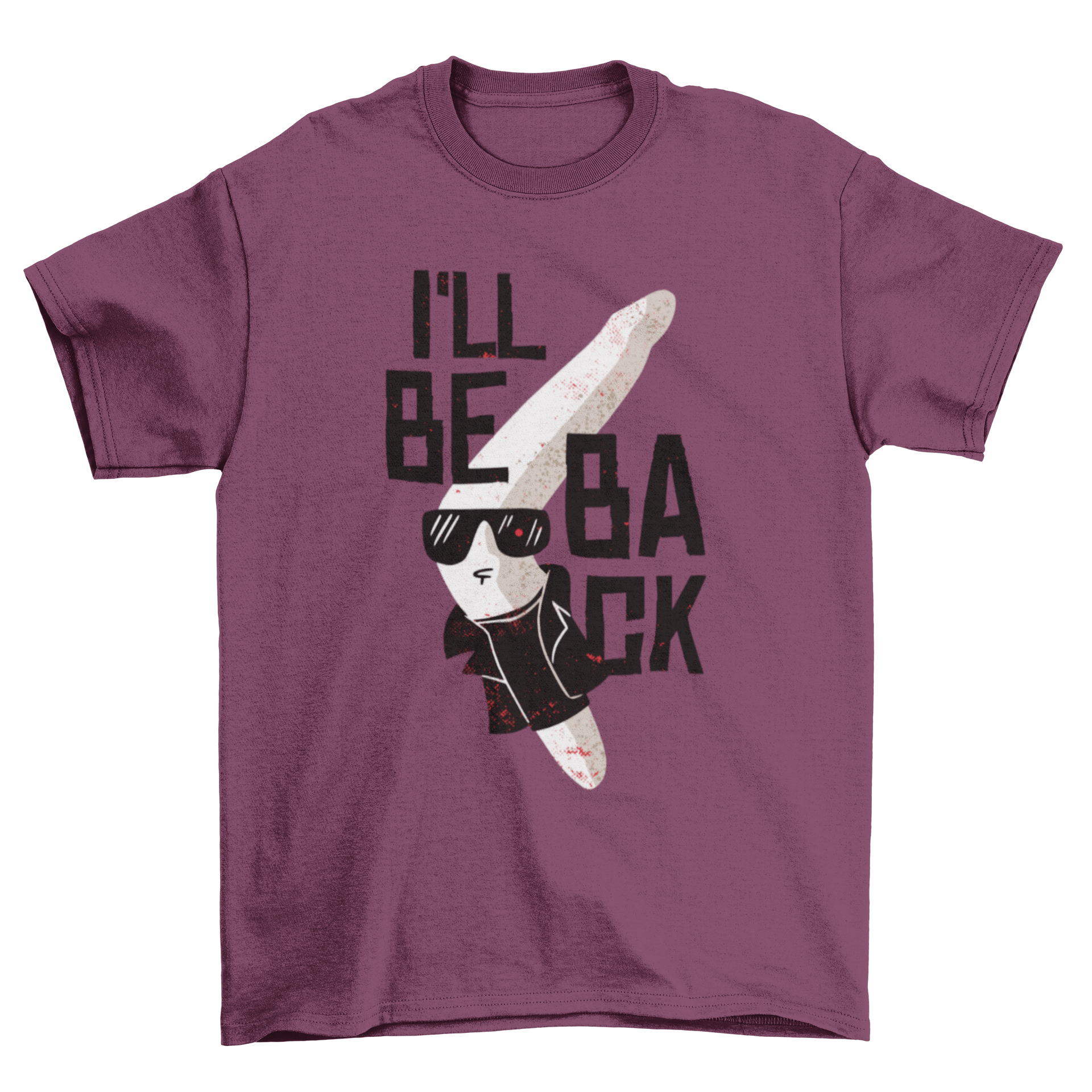 A humorous Boomerang t-shirt featuring a cool boomerang illustration and the quote 'I'll be back.'