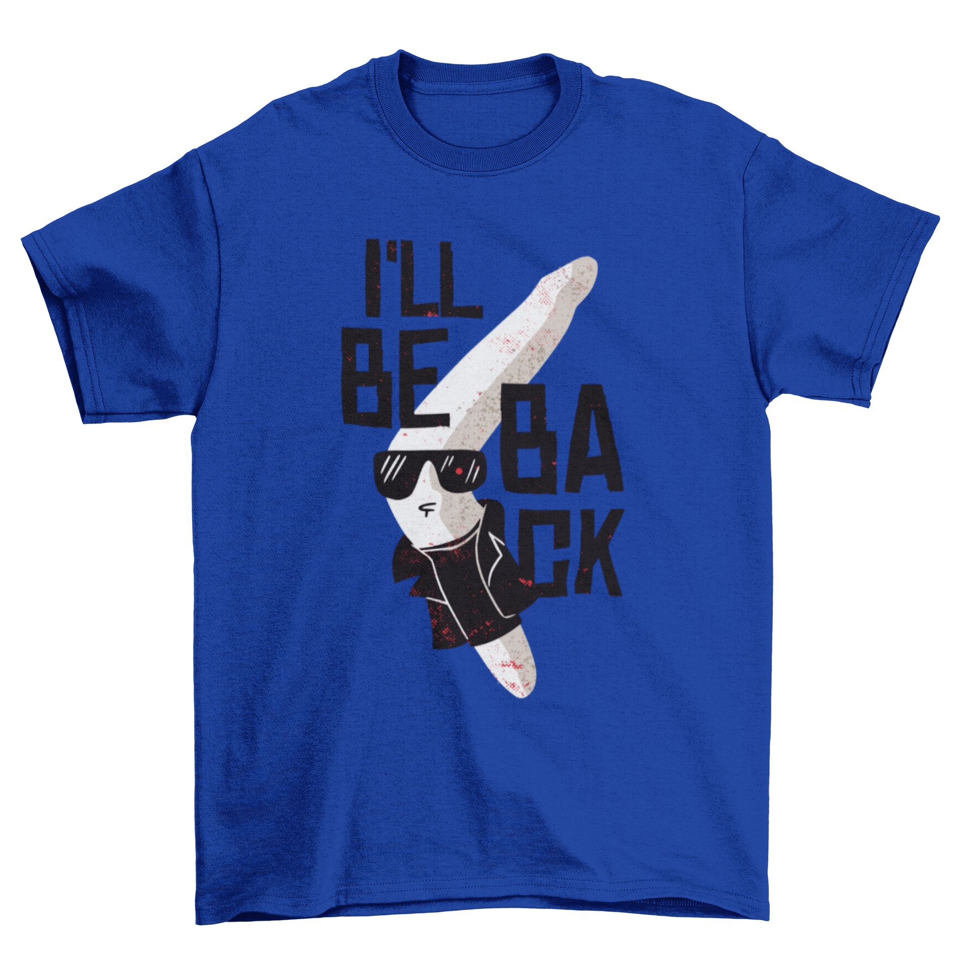 A humorous Boomerang t-shirt featuring a cool boomerang illustration and the quote 'I'll be back.'