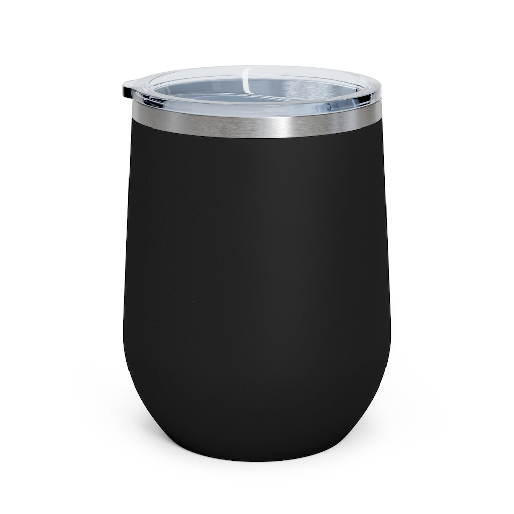 Bone Chest 12oz Insulated Wine Tumbler with clear lid, showcasing its sleek stainless steel design and double-wall insulation.