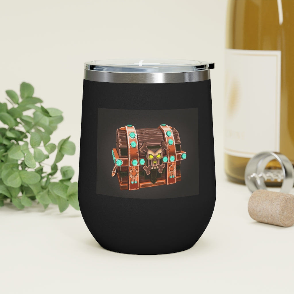 Bone Chest 12oz Insulated Wine Tumbler with clear lid, showcasing its sleek stainless steel design and double-wall insulation.