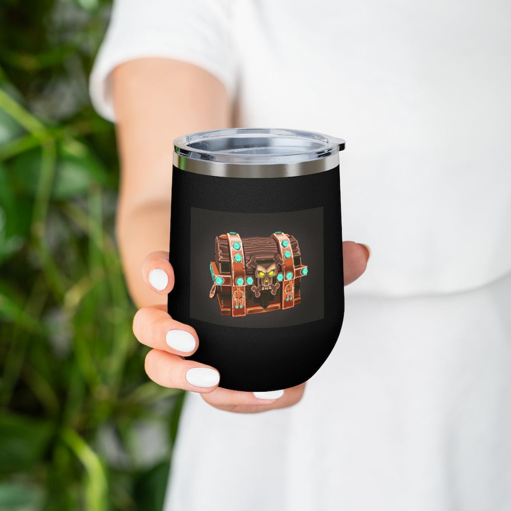 Bone Chest 12oz Insulated Wine Tumbler with clear lid, showcasing its sleek stainless steel design and double-wall insulation.