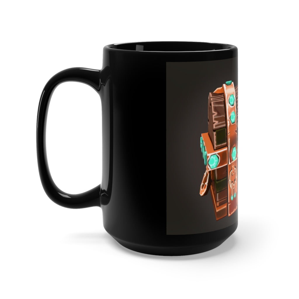 Bone Chest Black Mug 15oz, featuring a sleek black ceramic design with rounded corners and a comfortable C-handle.